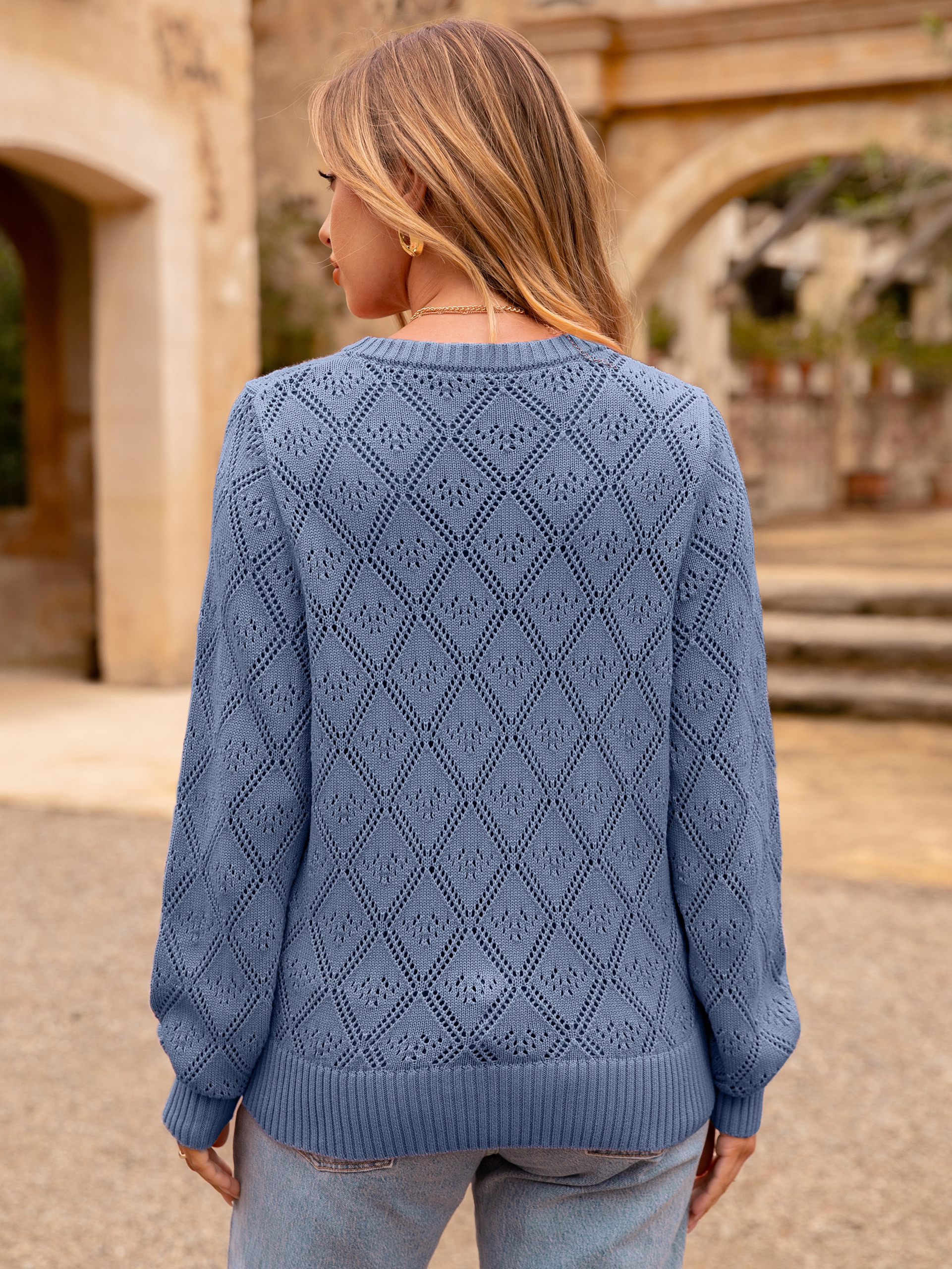 Diamond Pattern Crochet Lace Knit Pullover - Blue Purple