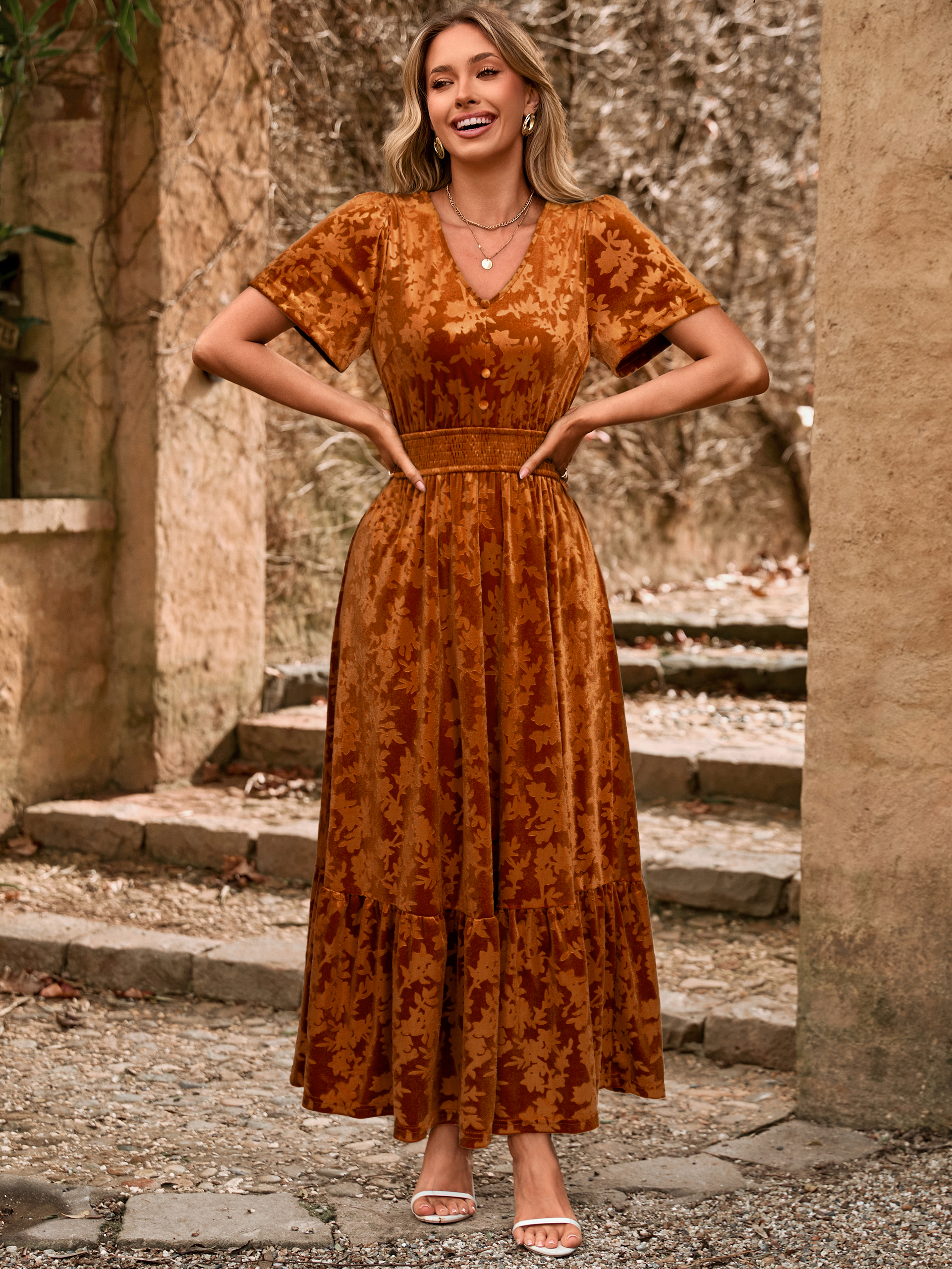 Velvet Floral V Neck Wedding Guest Maxi Dress