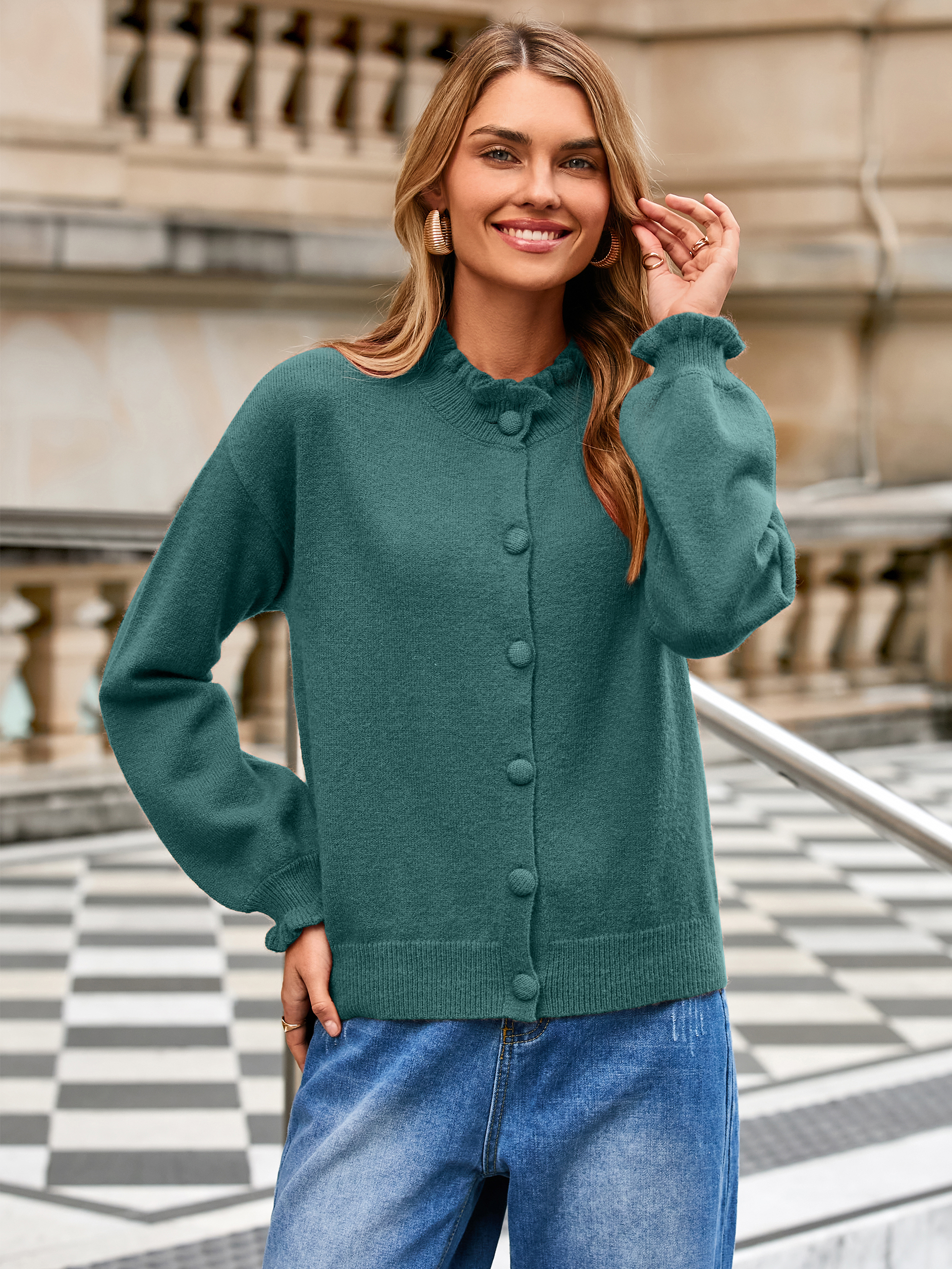 Ruffled Collar Mock Neck Button Cardigan - Green