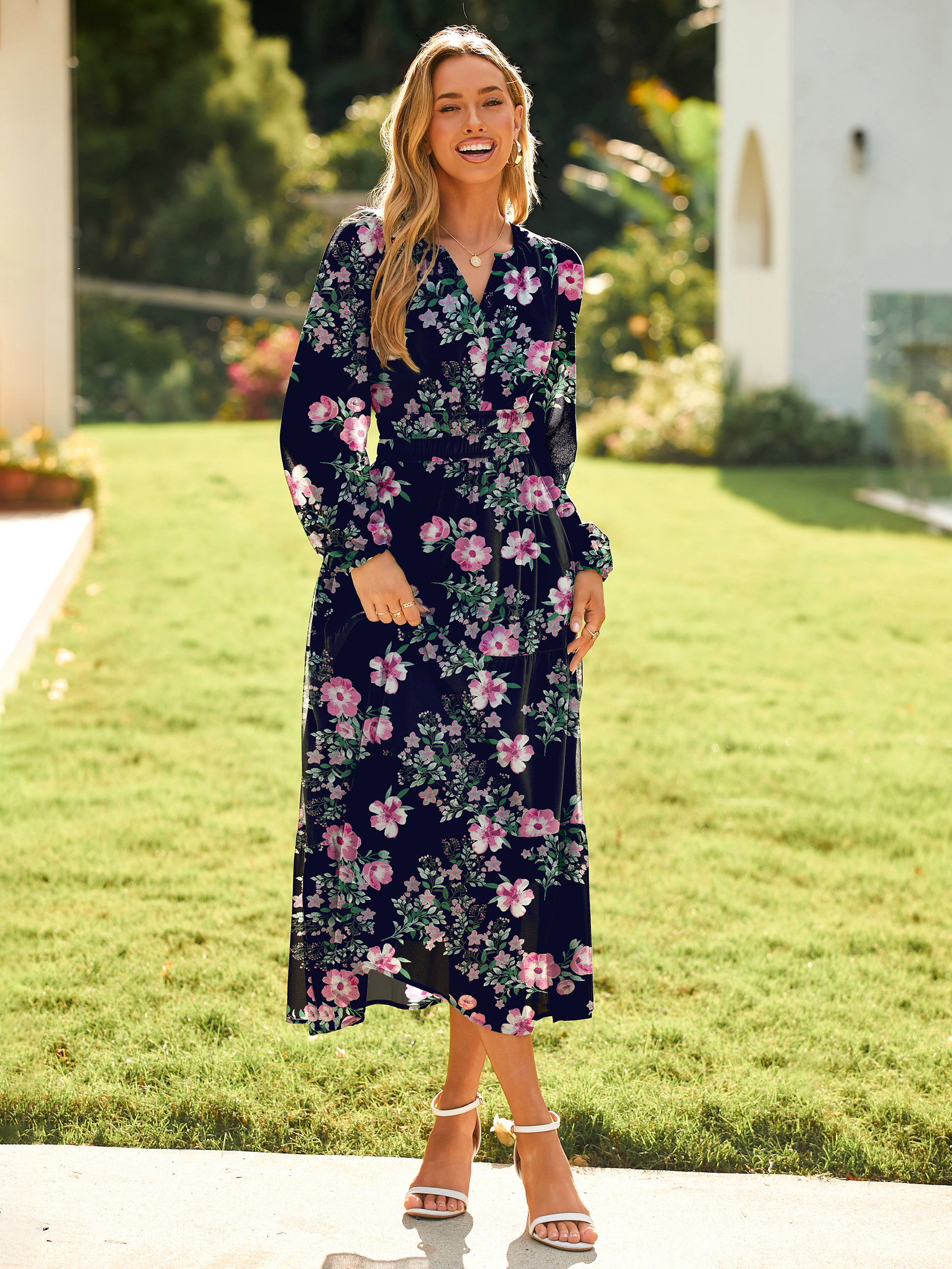 Boho Floral Long Sleeve Wedding Guest Maxi Dress