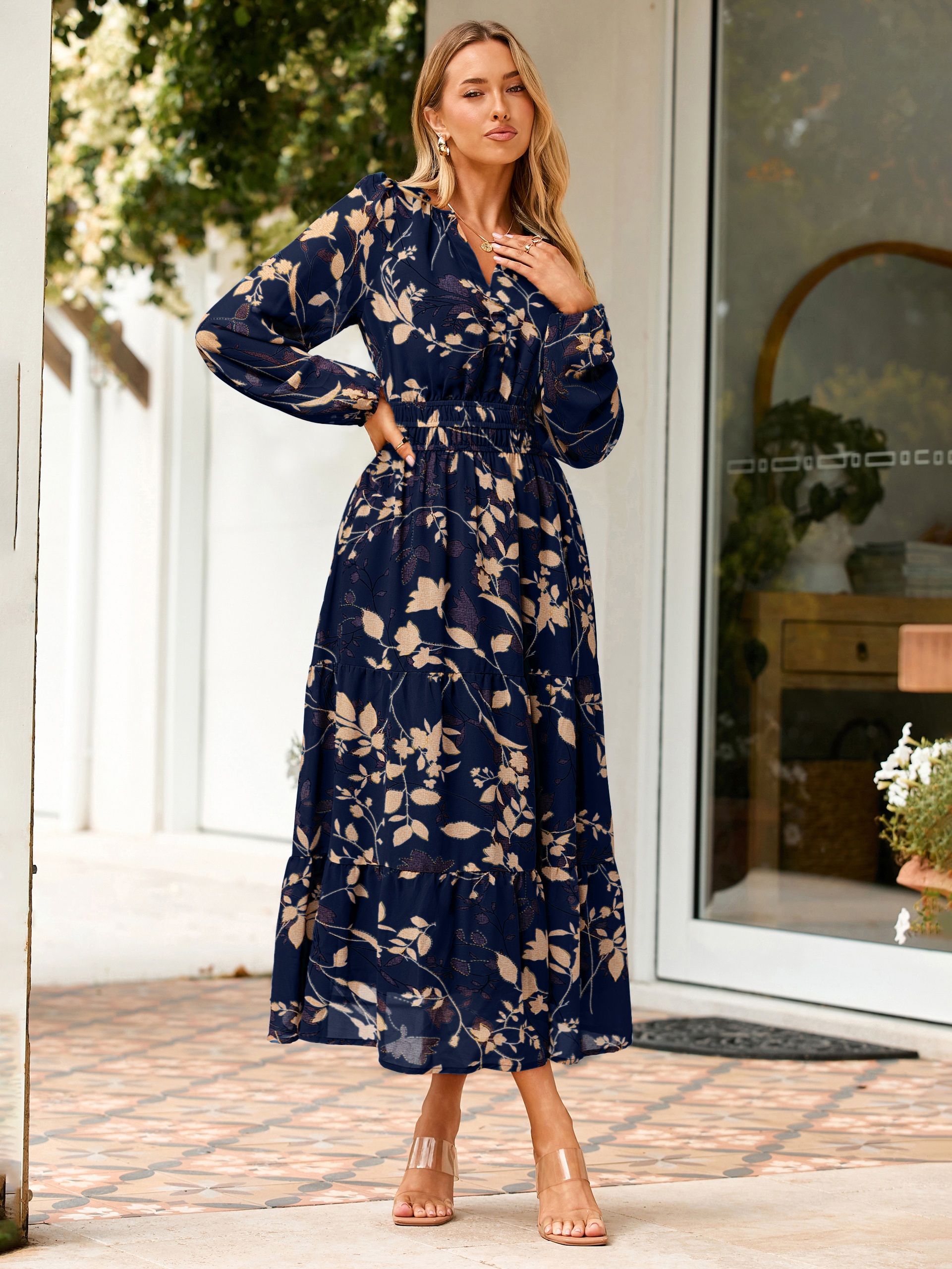 Boho Floral Long Sleeve Wedding Guest Maxi Dress