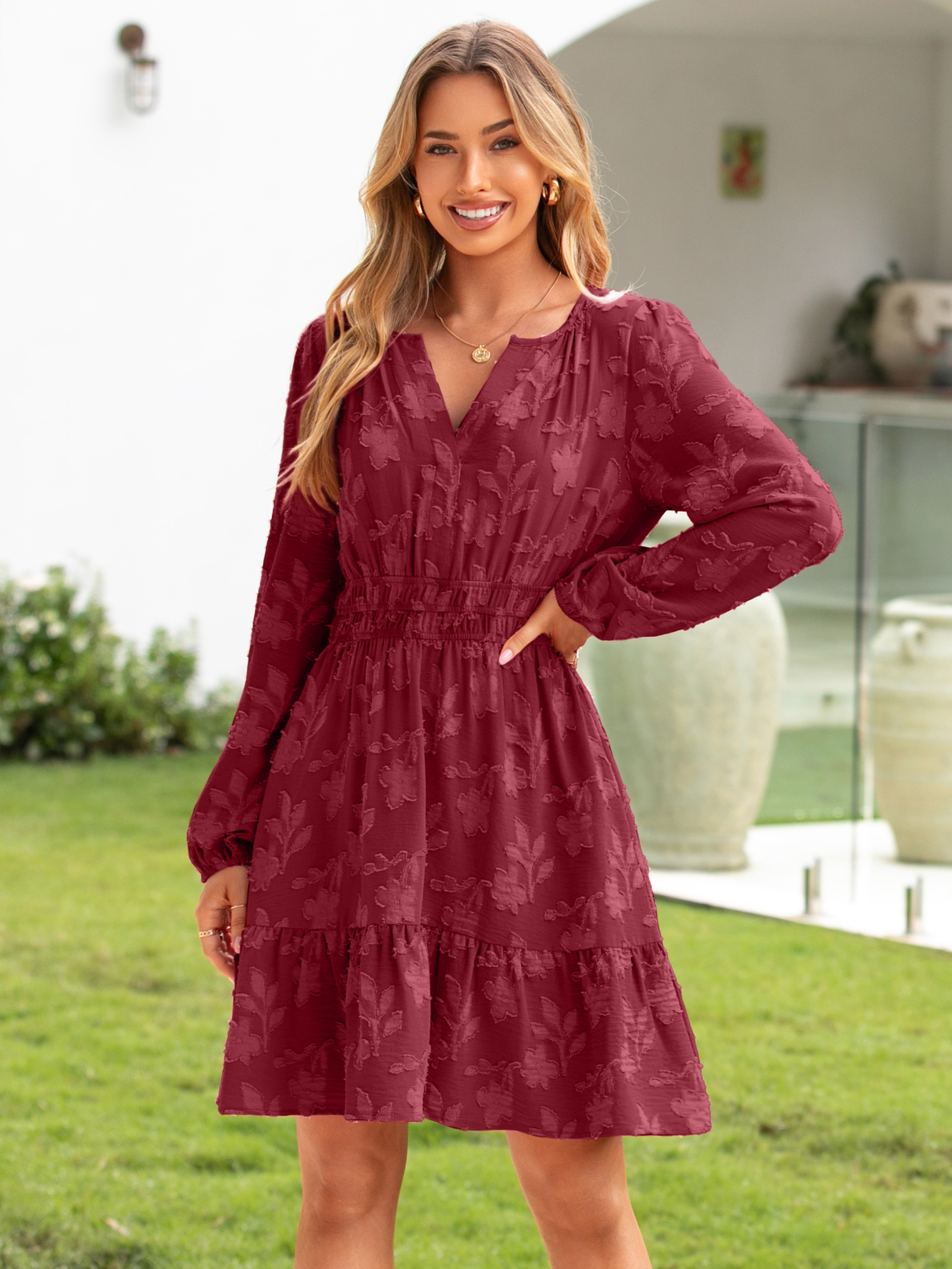 Floral Burnout Babydoll A Line Party Mini Dress - Wine Red