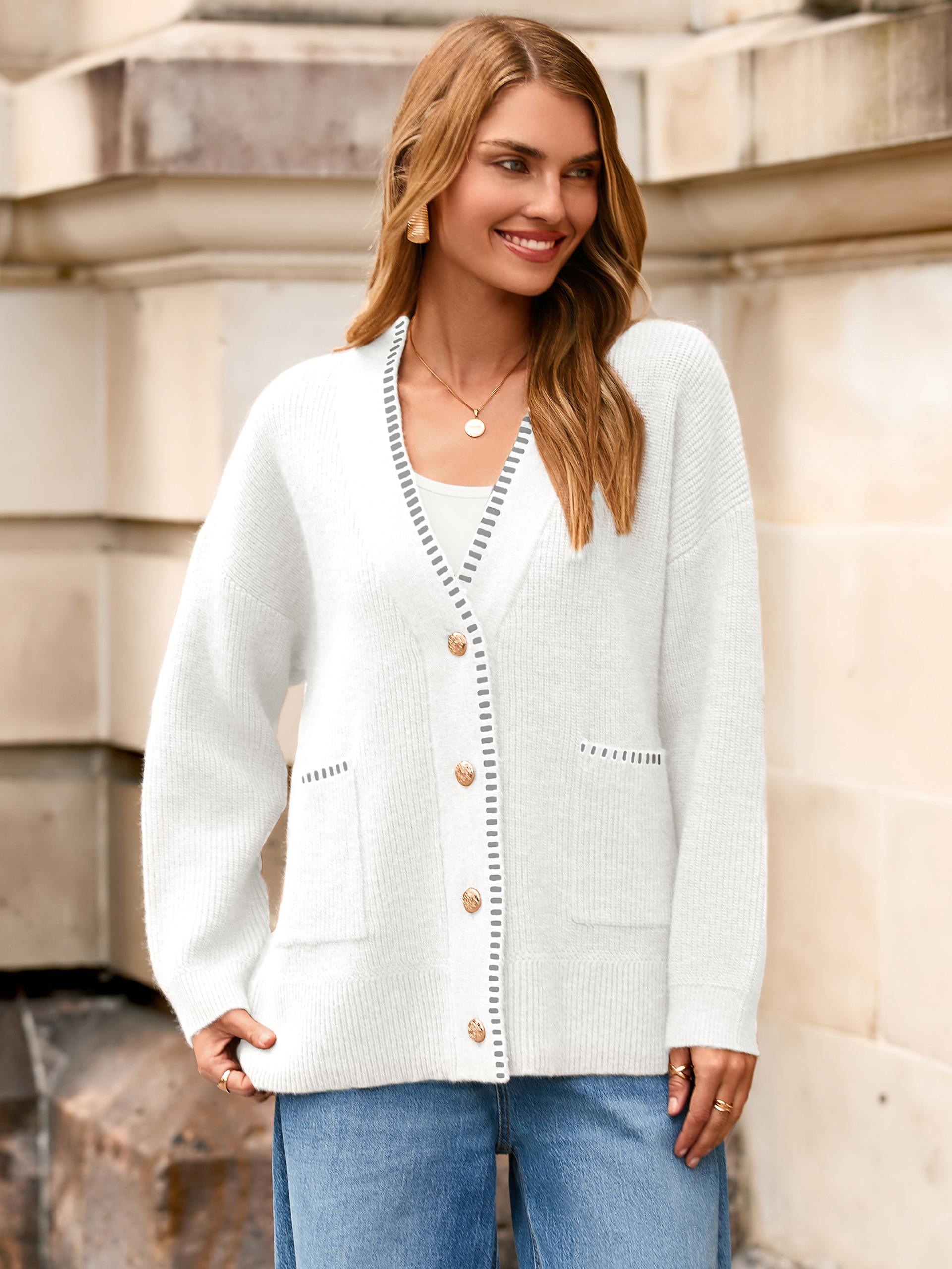 V-Neck Button Up Chunky Oversized Crochet Cardigan