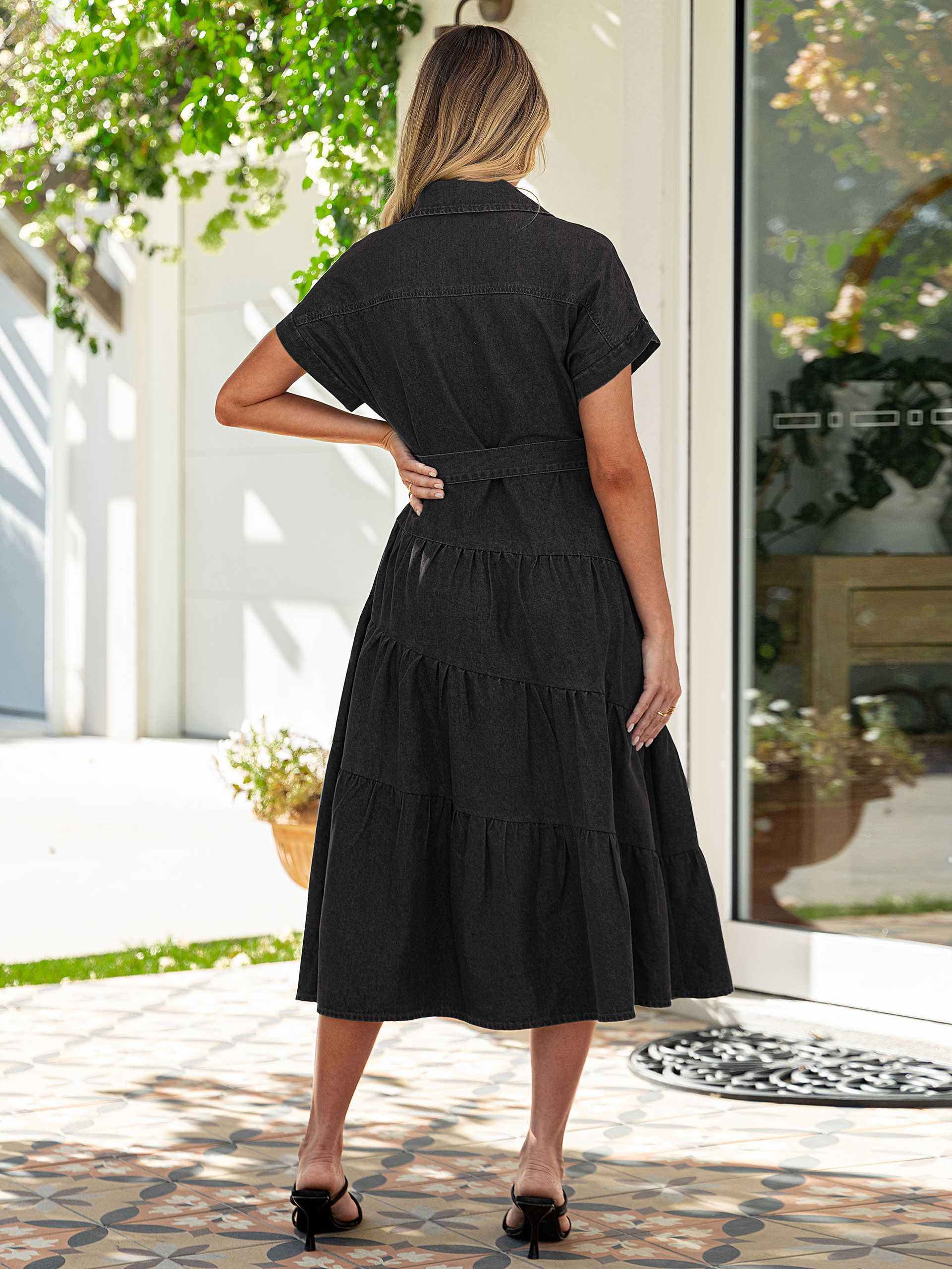 Short Sleeve Denim Belted Tiered Maxi Dress