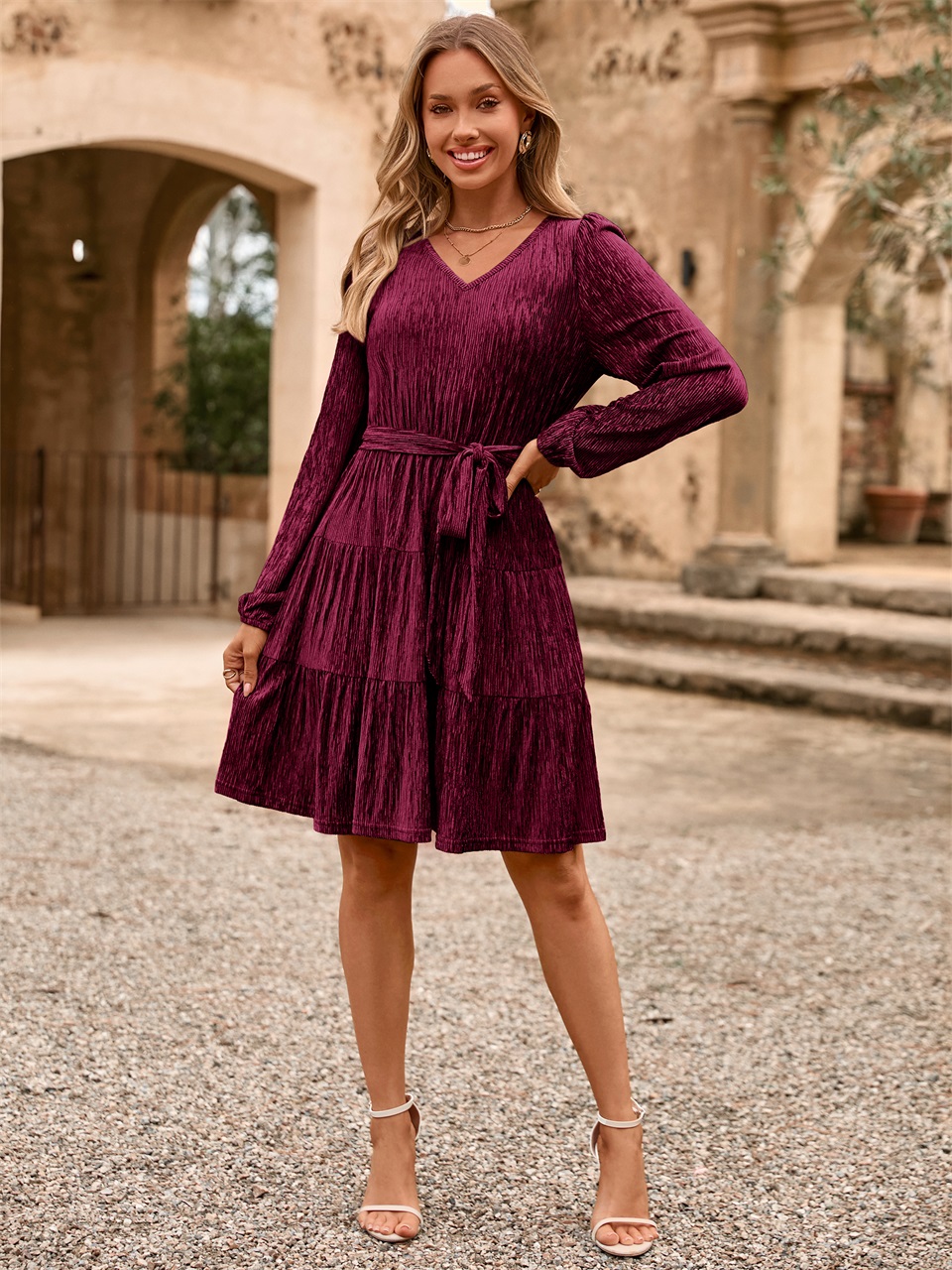 Velvet Long Sleeve V Neck Flowy Mini cocktail Dress