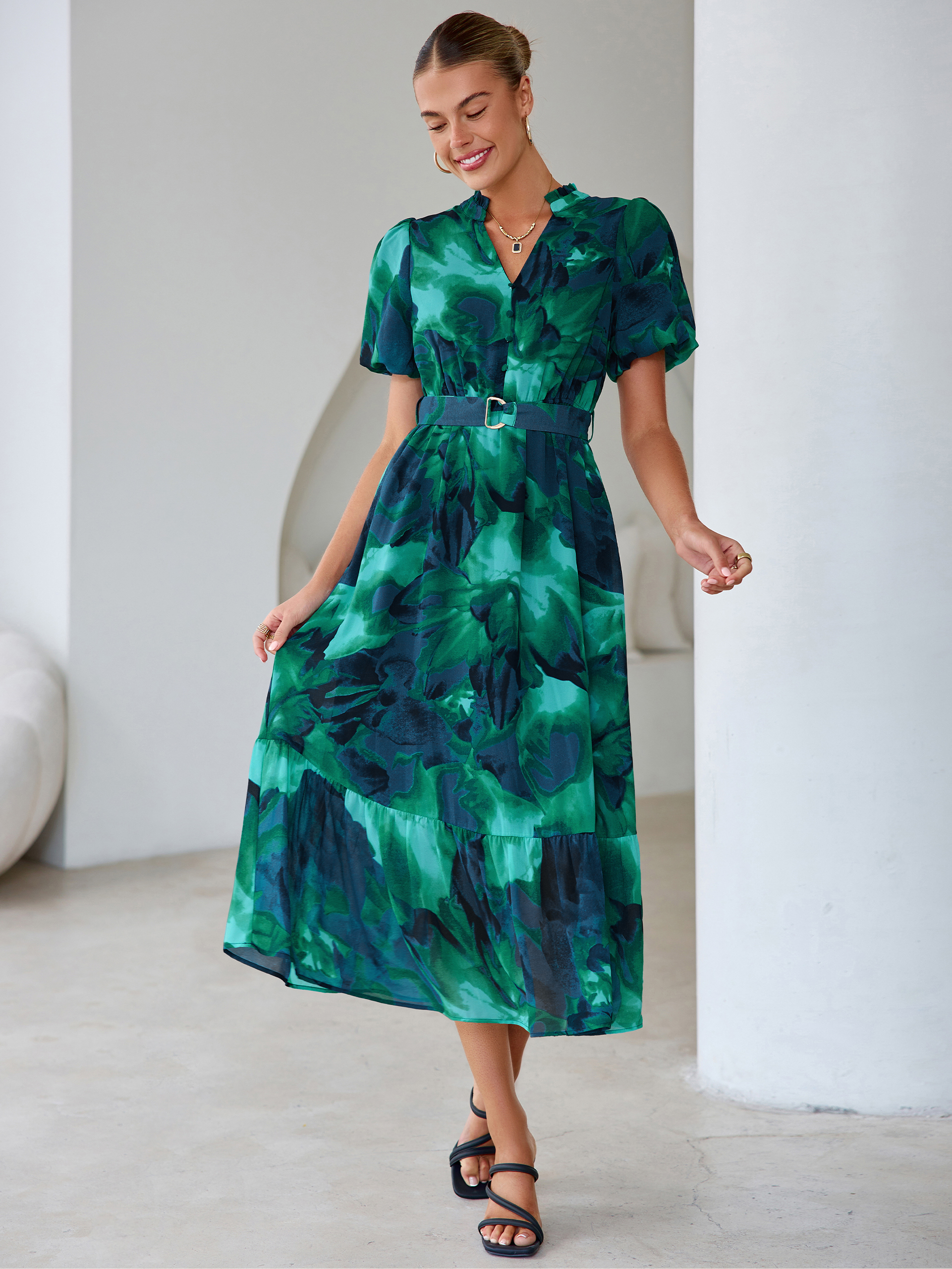 Floral V Neck Belted Tiered Maxi Dress