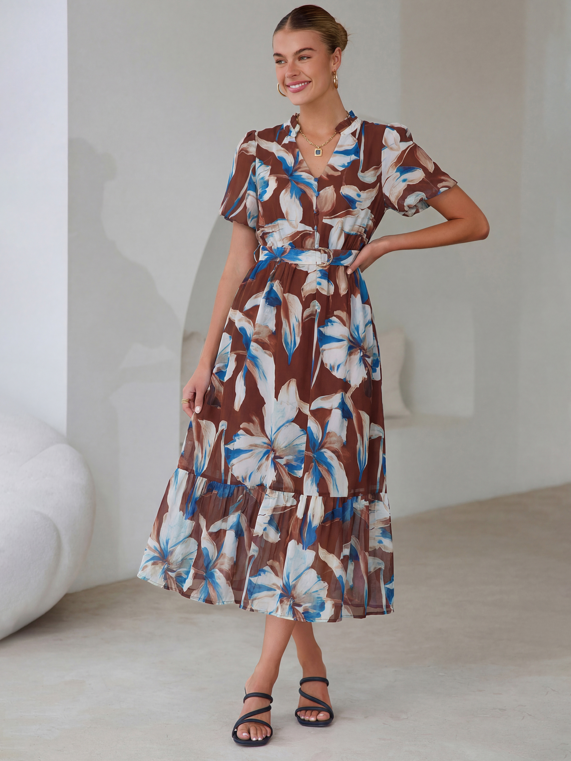 Floral V Neck Belted Tiered Maxi Dress - Floral Brown