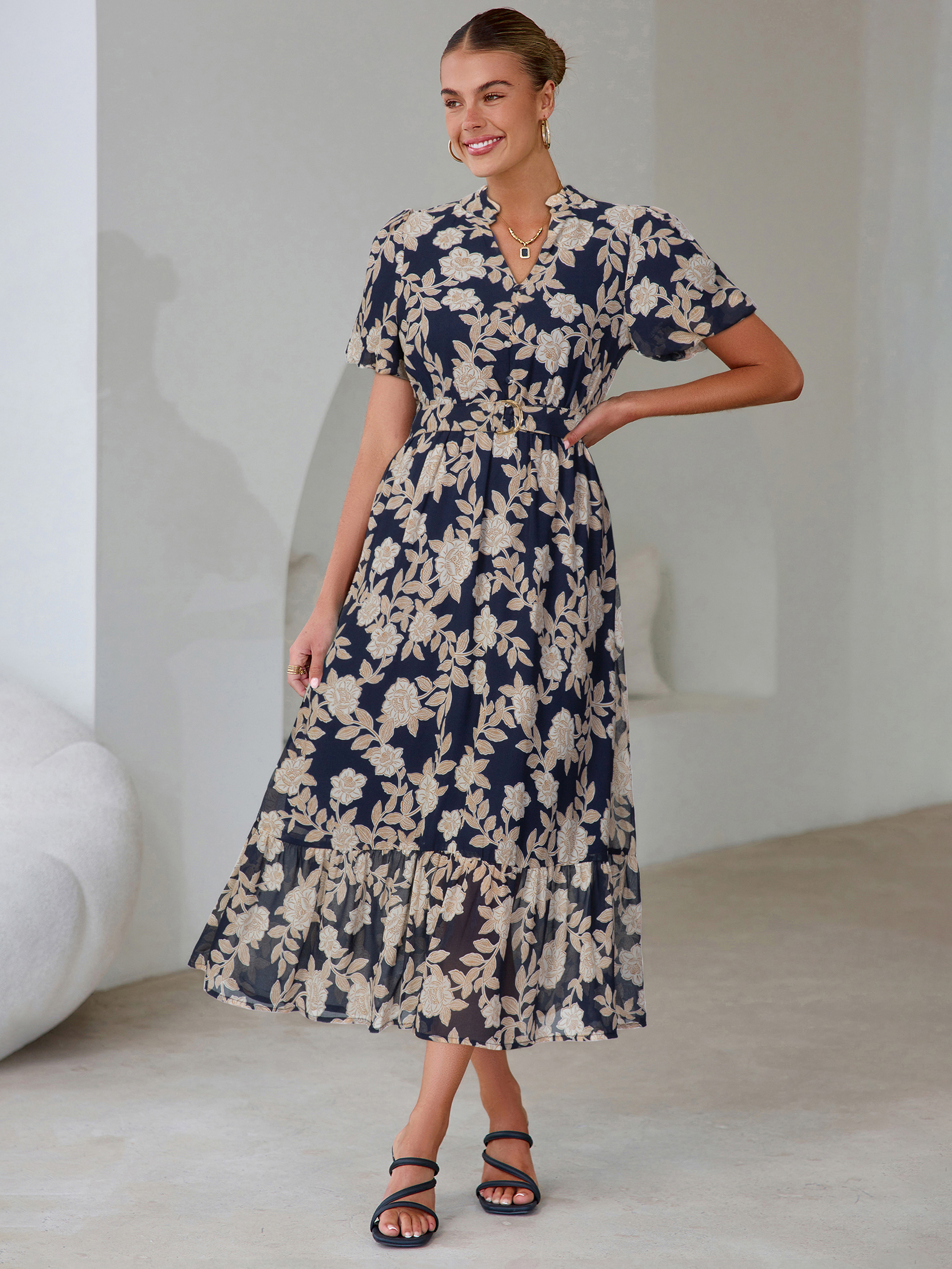 Floral V Neck Belted Tiered Maxi Dress - Floral Navy