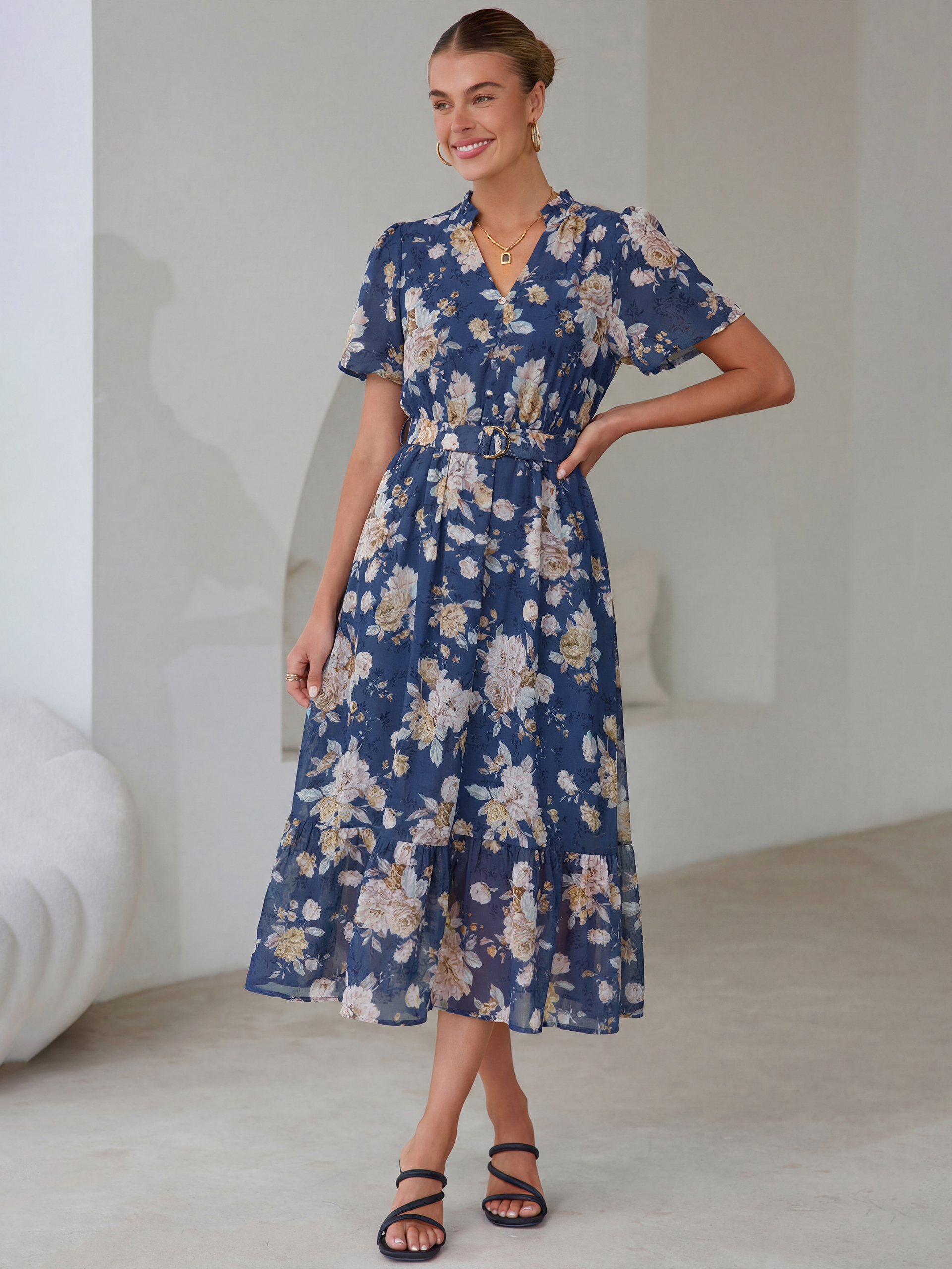 Floral V Neck Belted Tiered Maxi Dress - Blue Yellow Floral