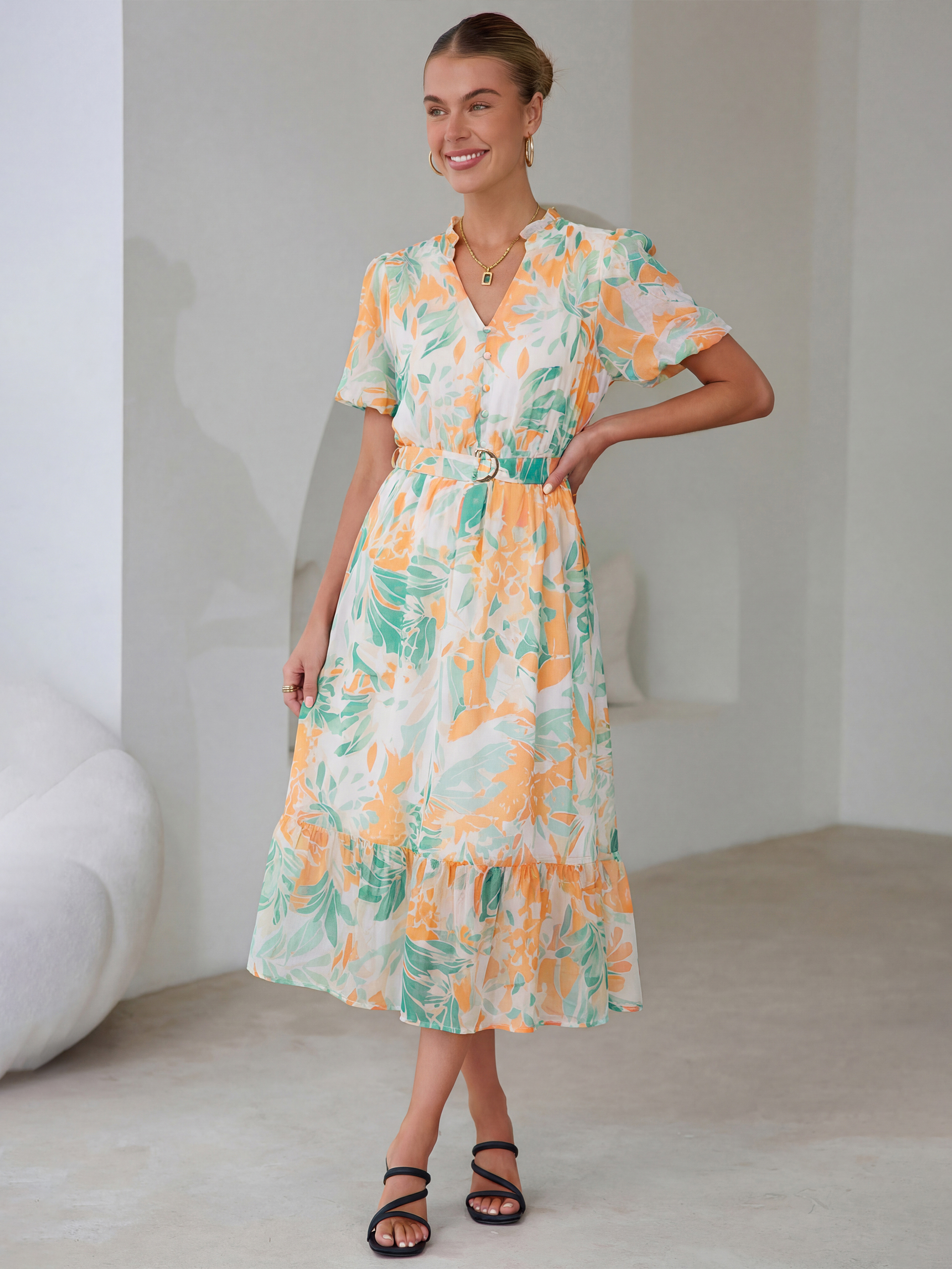 Floral V Neck Belted Tiered Maxi Dress - Green Orange Floral
