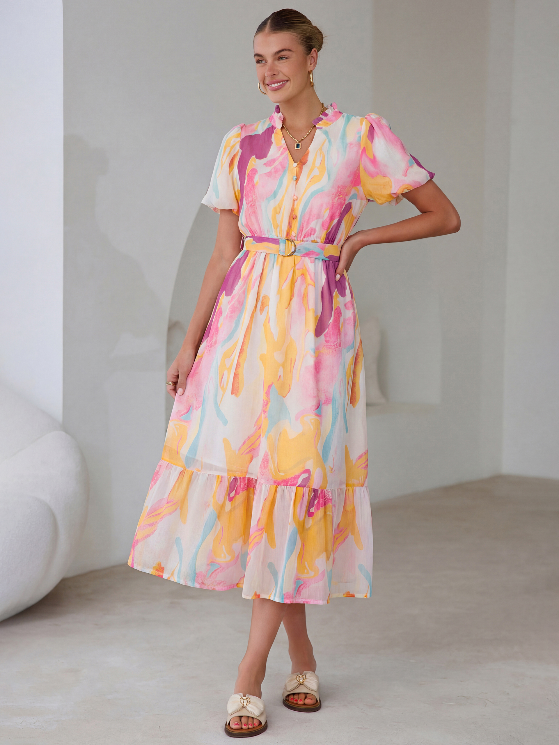 Floral V Neck Belted Tiered Maxi Dress - Pink Yellow Floral