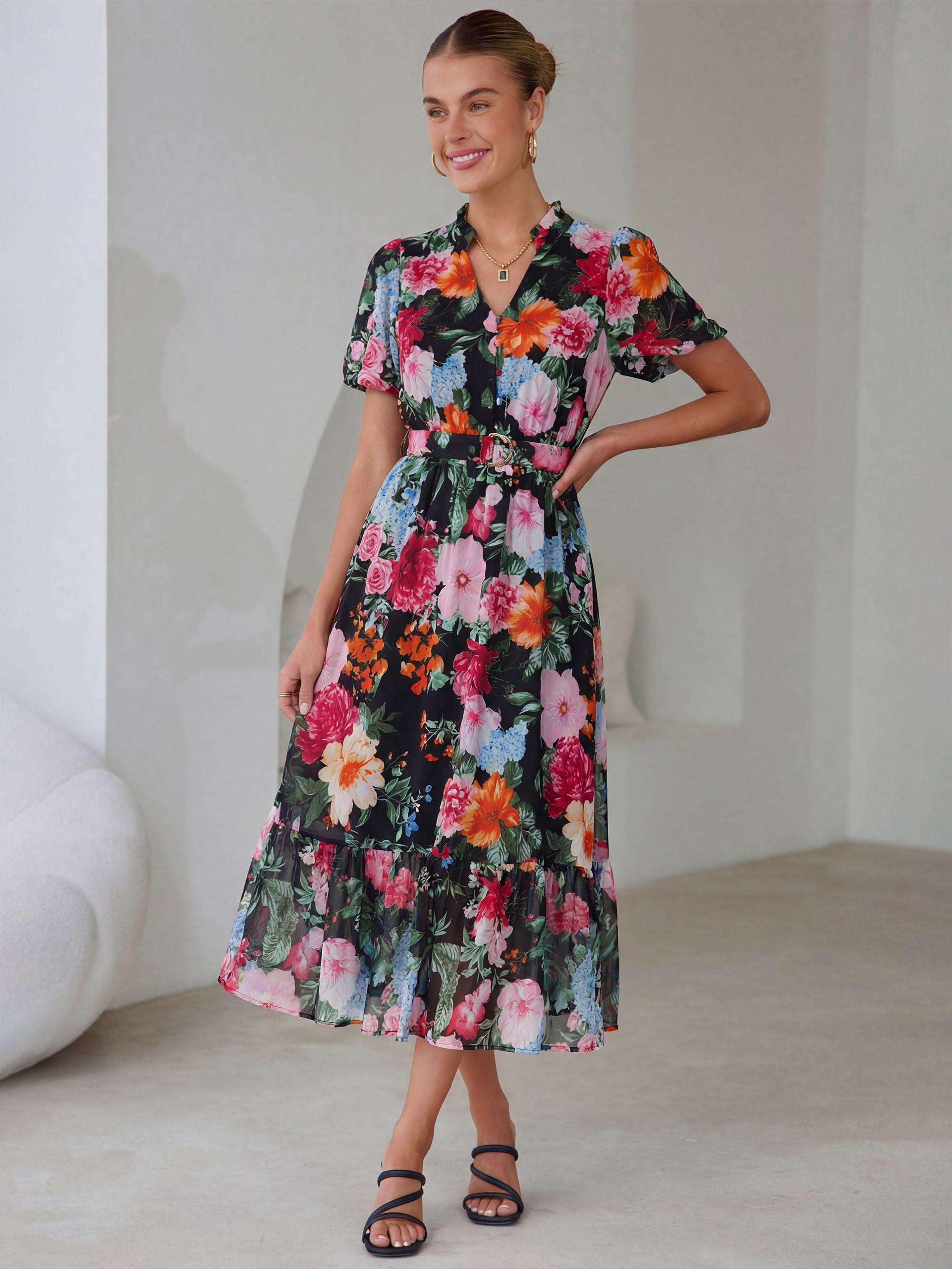 Floral V Neck Belted Tiered Maxi Dress - Black Peony