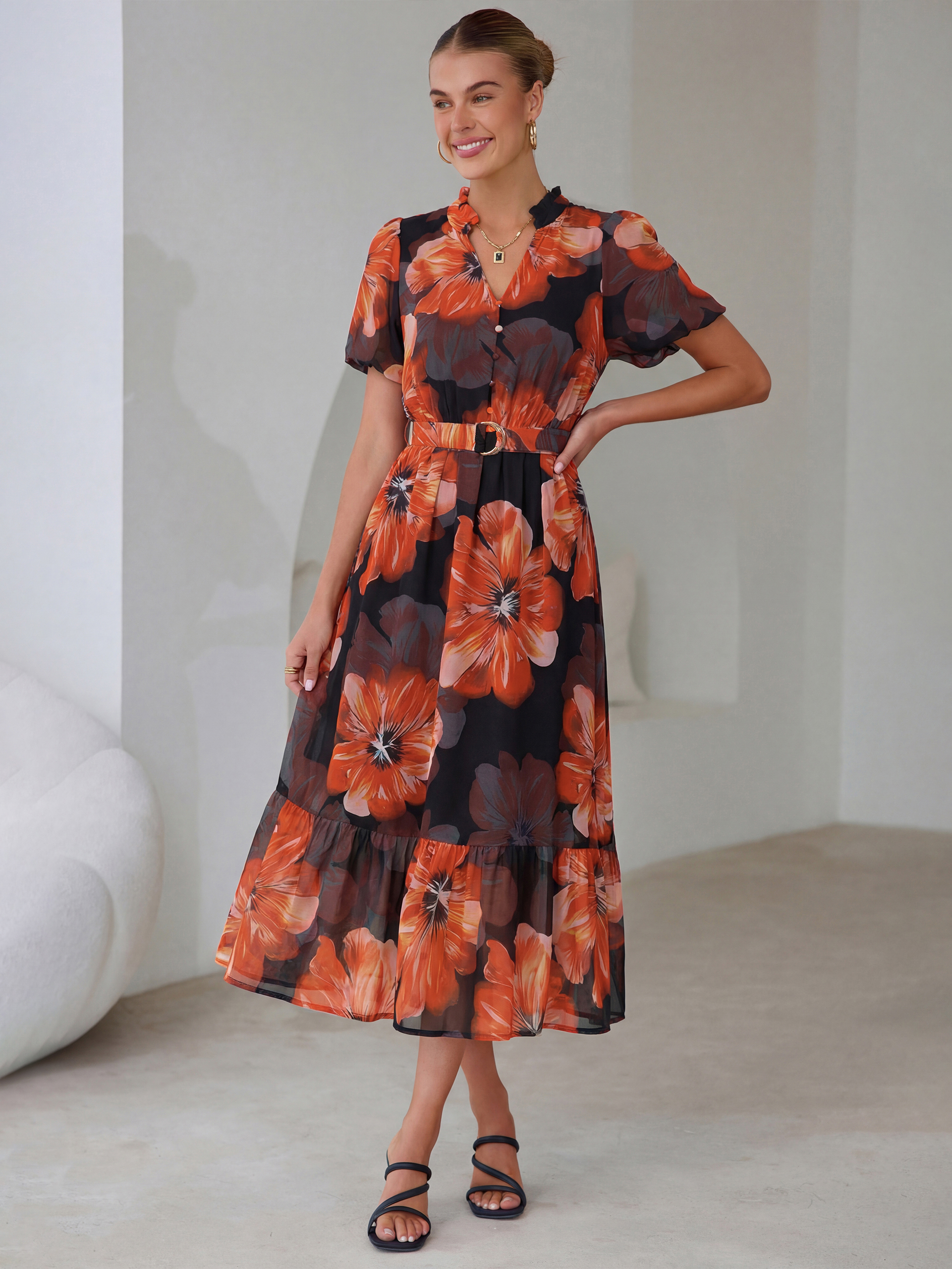 Floral V Neck Belted Tiered Maxi Dress - Black Red Flower