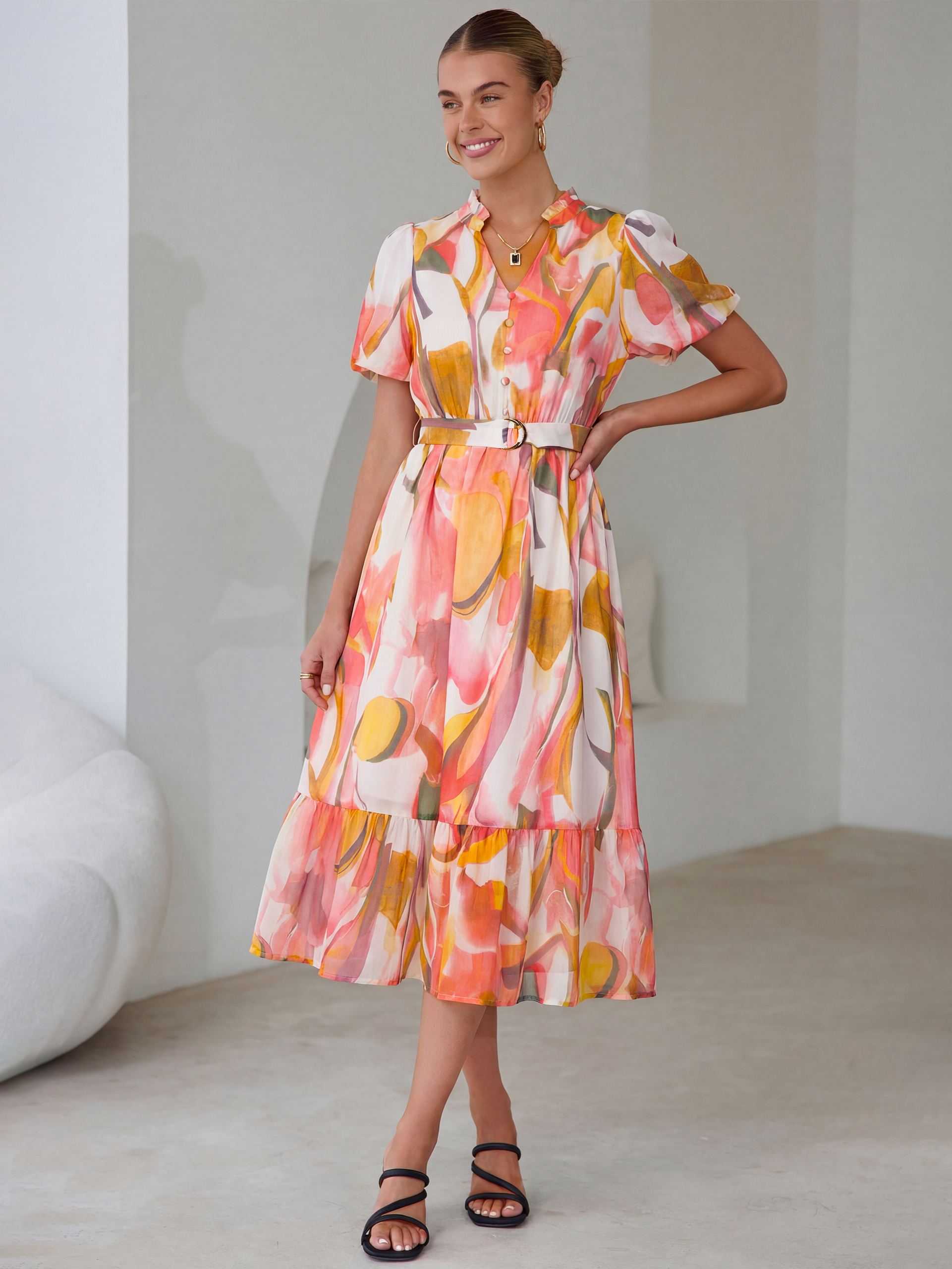Floral V Neck Belted Tiered Maxi Dress - Orange Red Floral