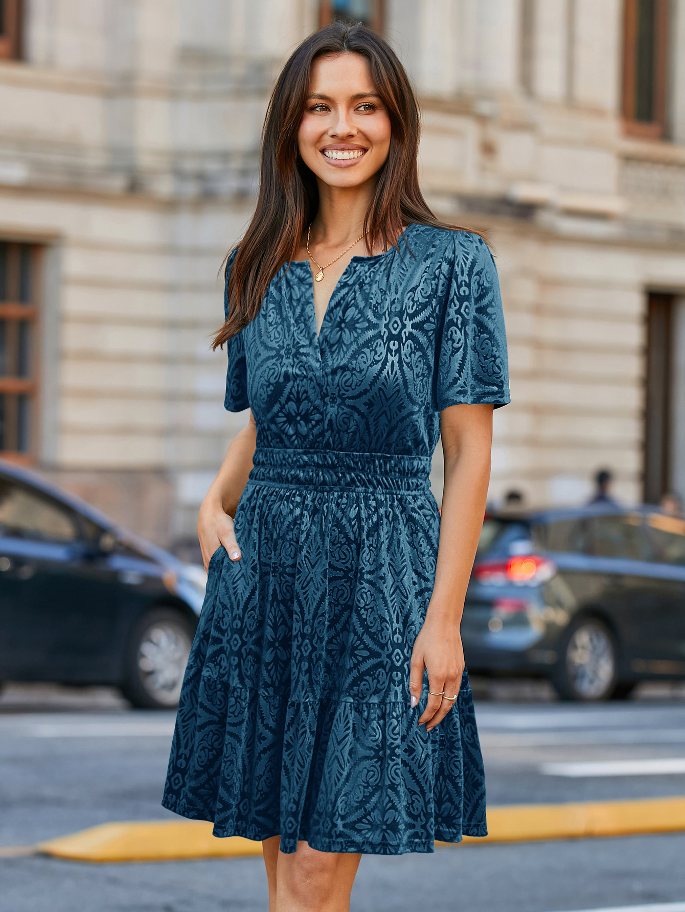 Glossy Velvet Cocktail Mini Dresses with Pockets - Burnout Dark Blue