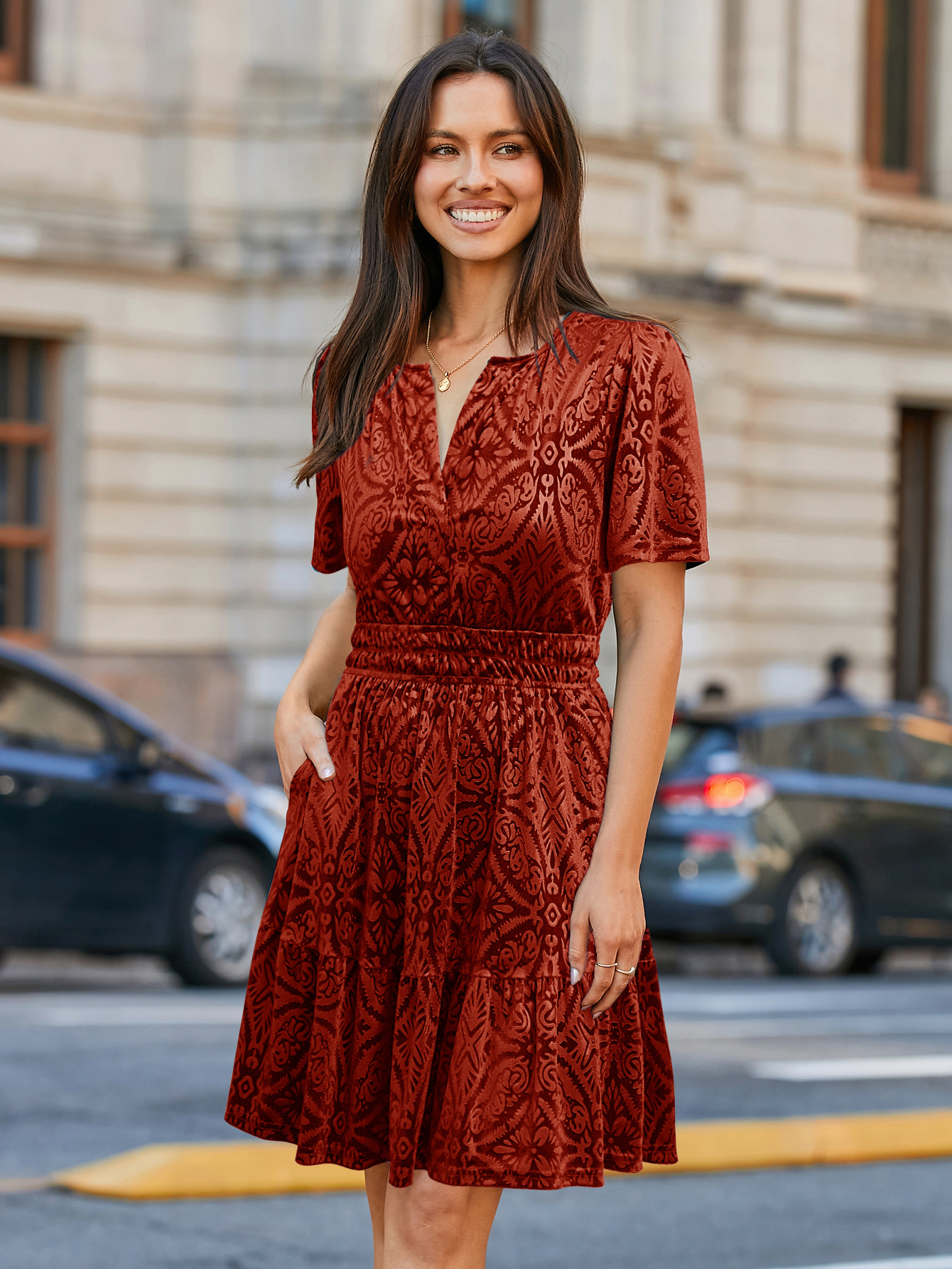 Glossy Velvet Cocktail Mini Dresses with Pockets - Burnout Tangerine
