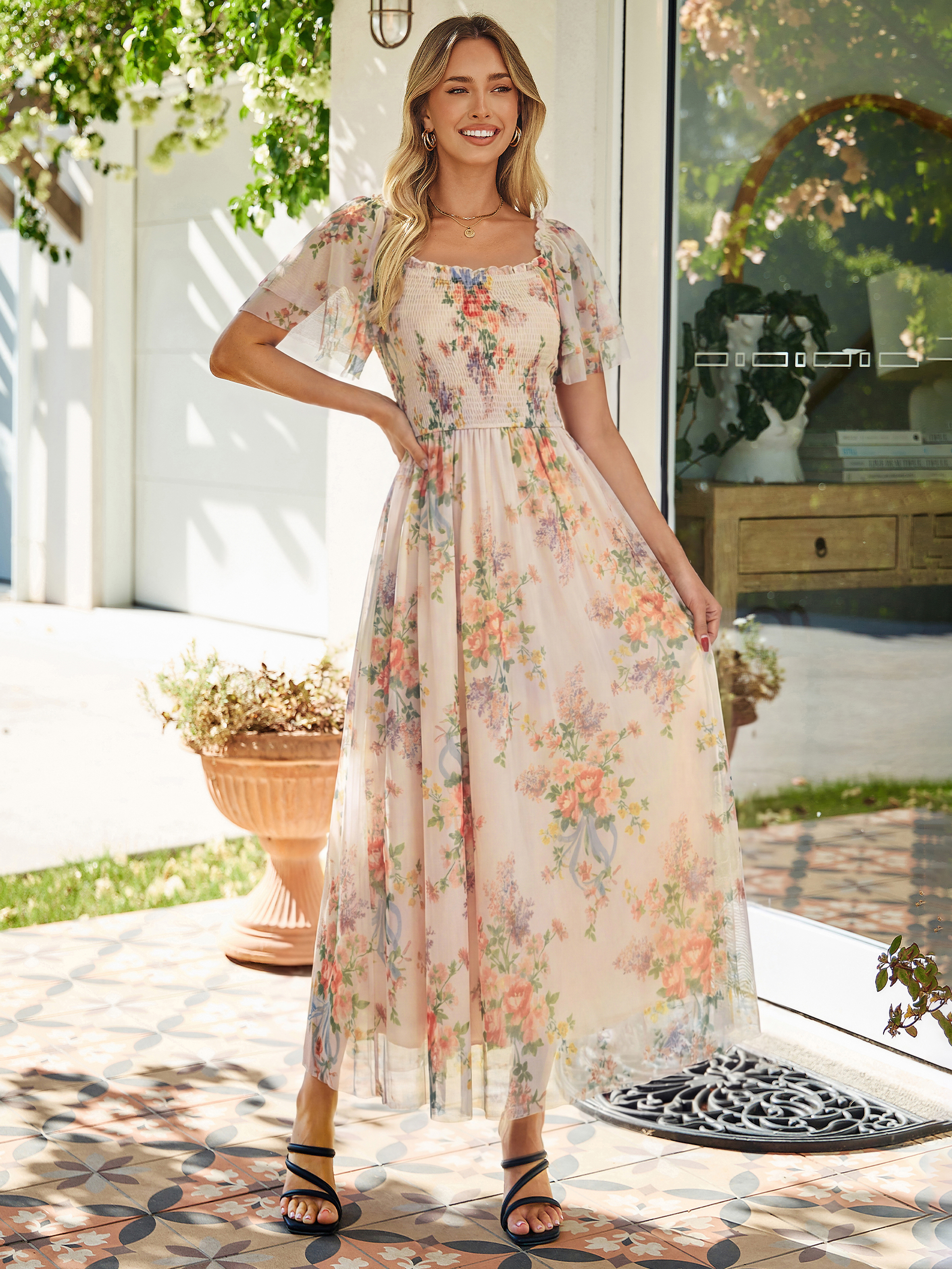 Floral Square Neck Smocked Flutter Sleeve Maxi Dress - Floral Beige Orange