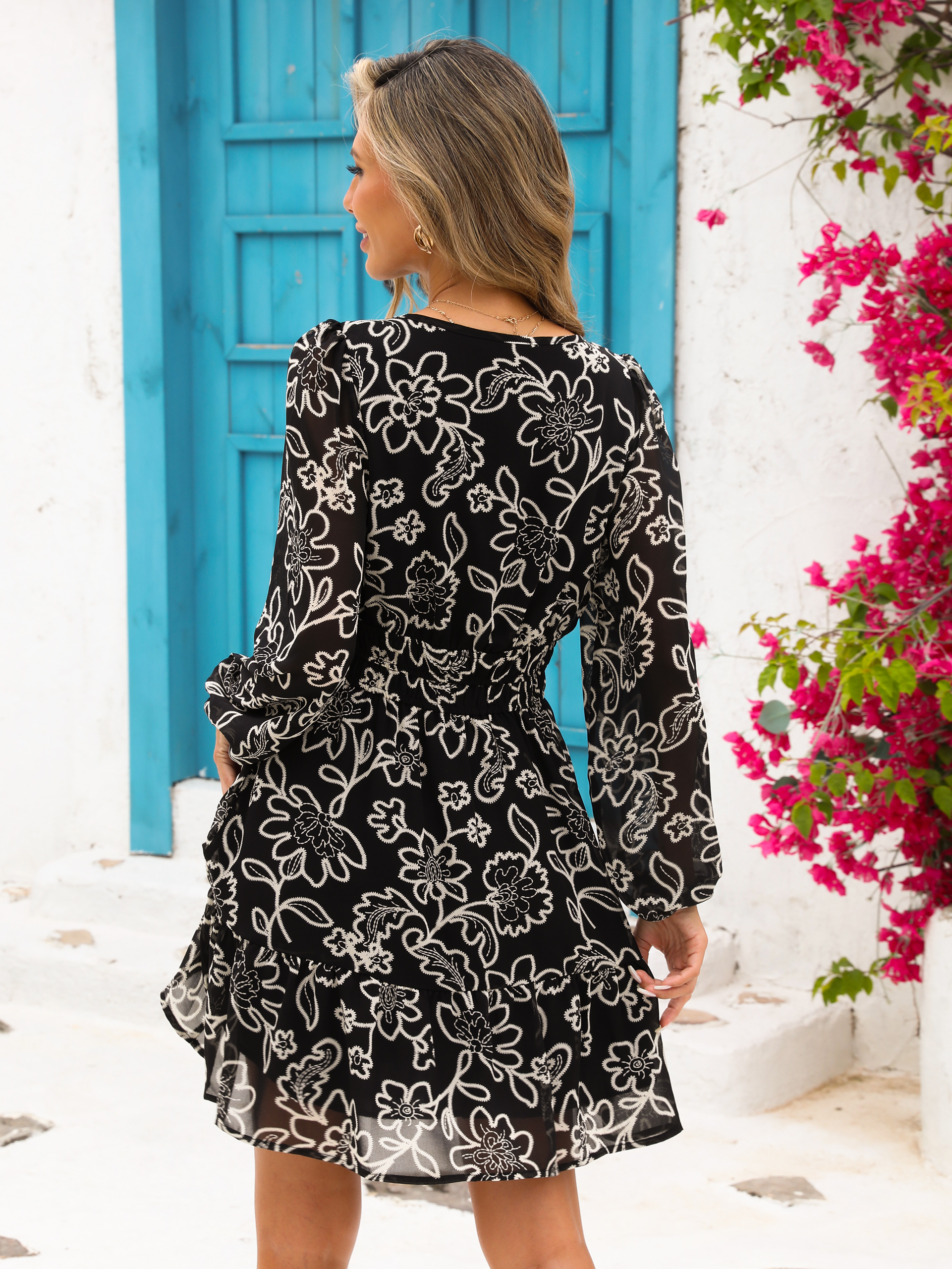 Boho V Neck A Line Floral Chiffon Mini Dress