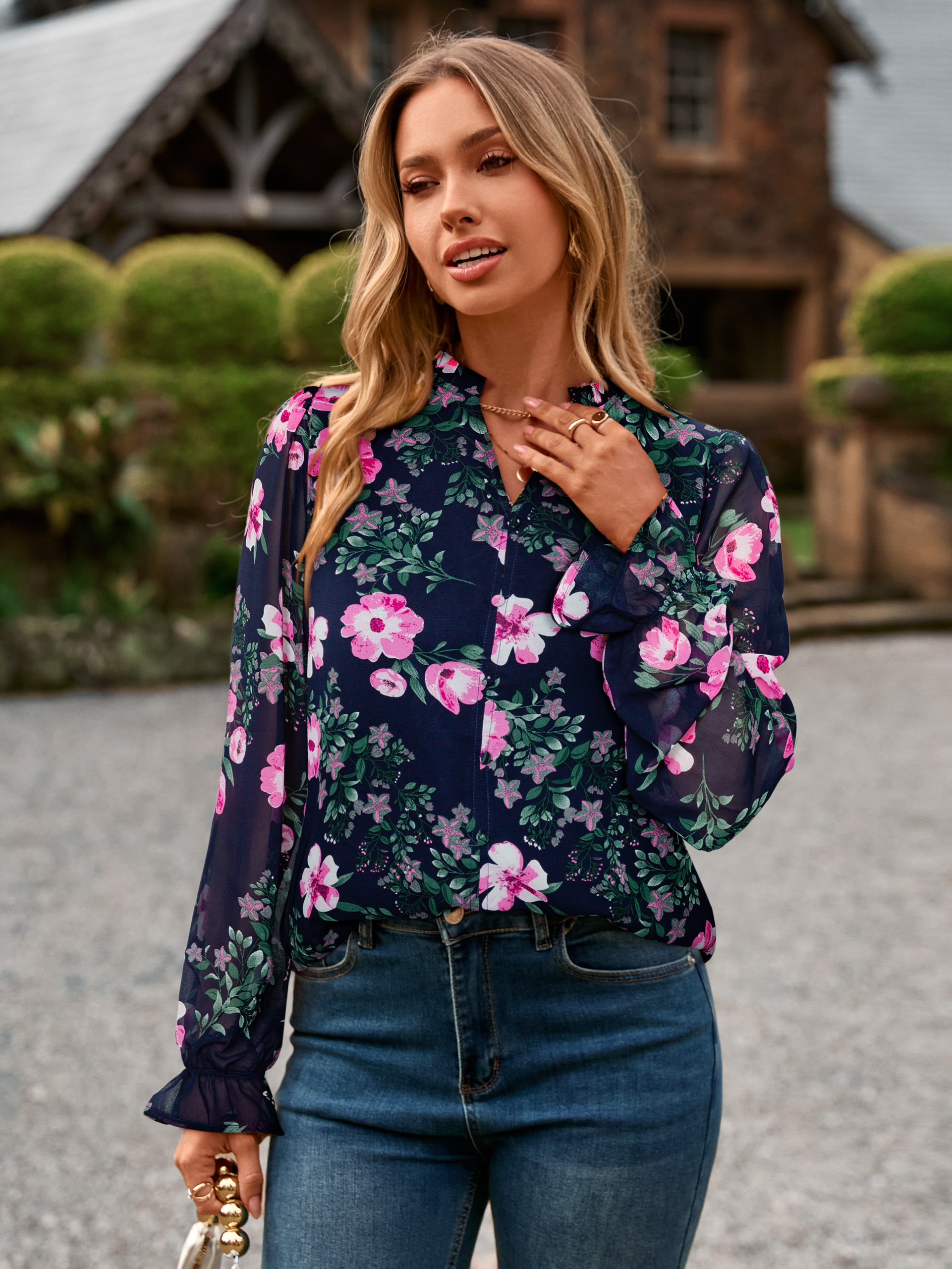 Floral V Neck Puff Sleeve Chiffon Blouse