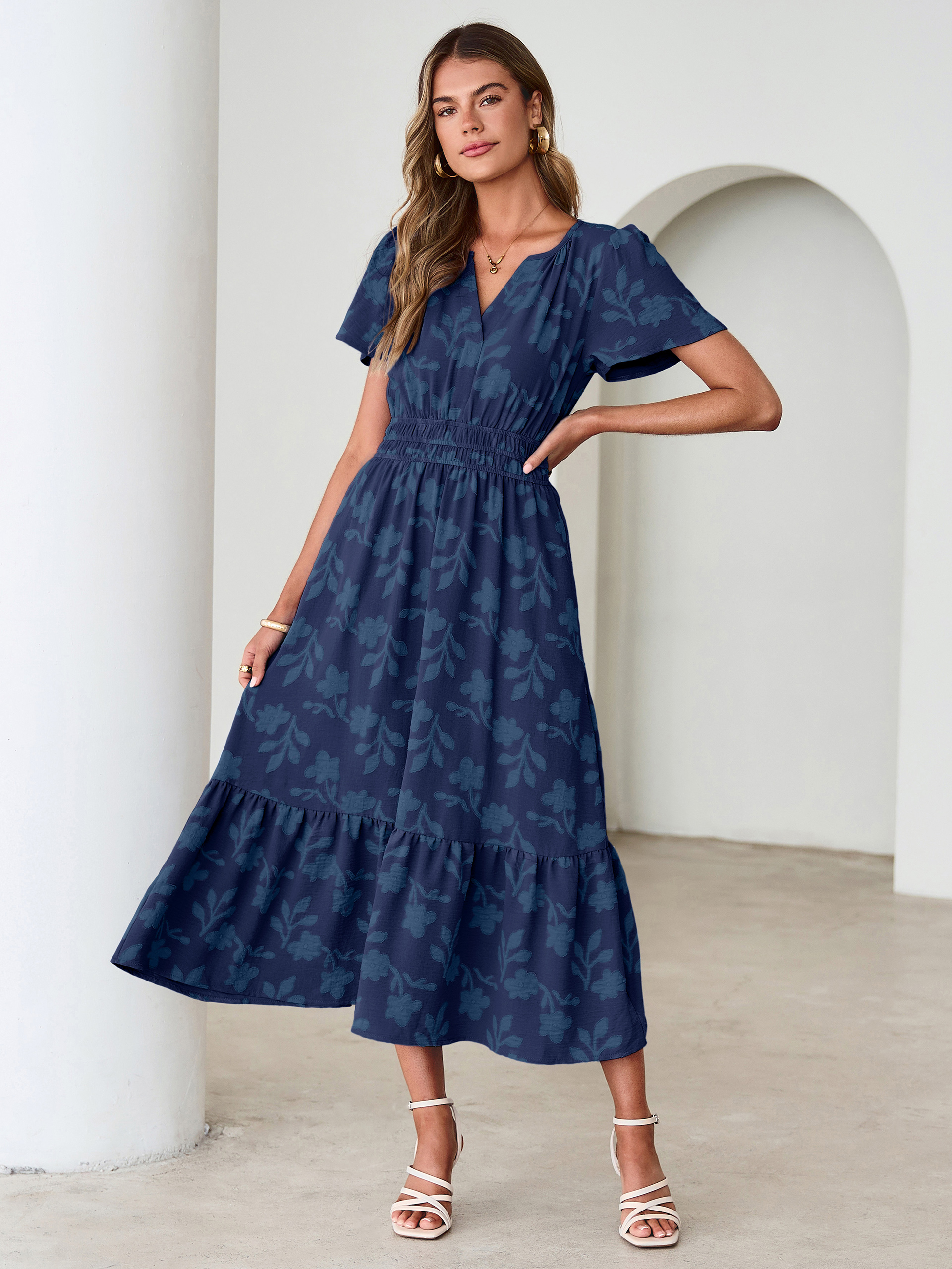 V Neck Burnout Floral Ruffle Maxi Dress