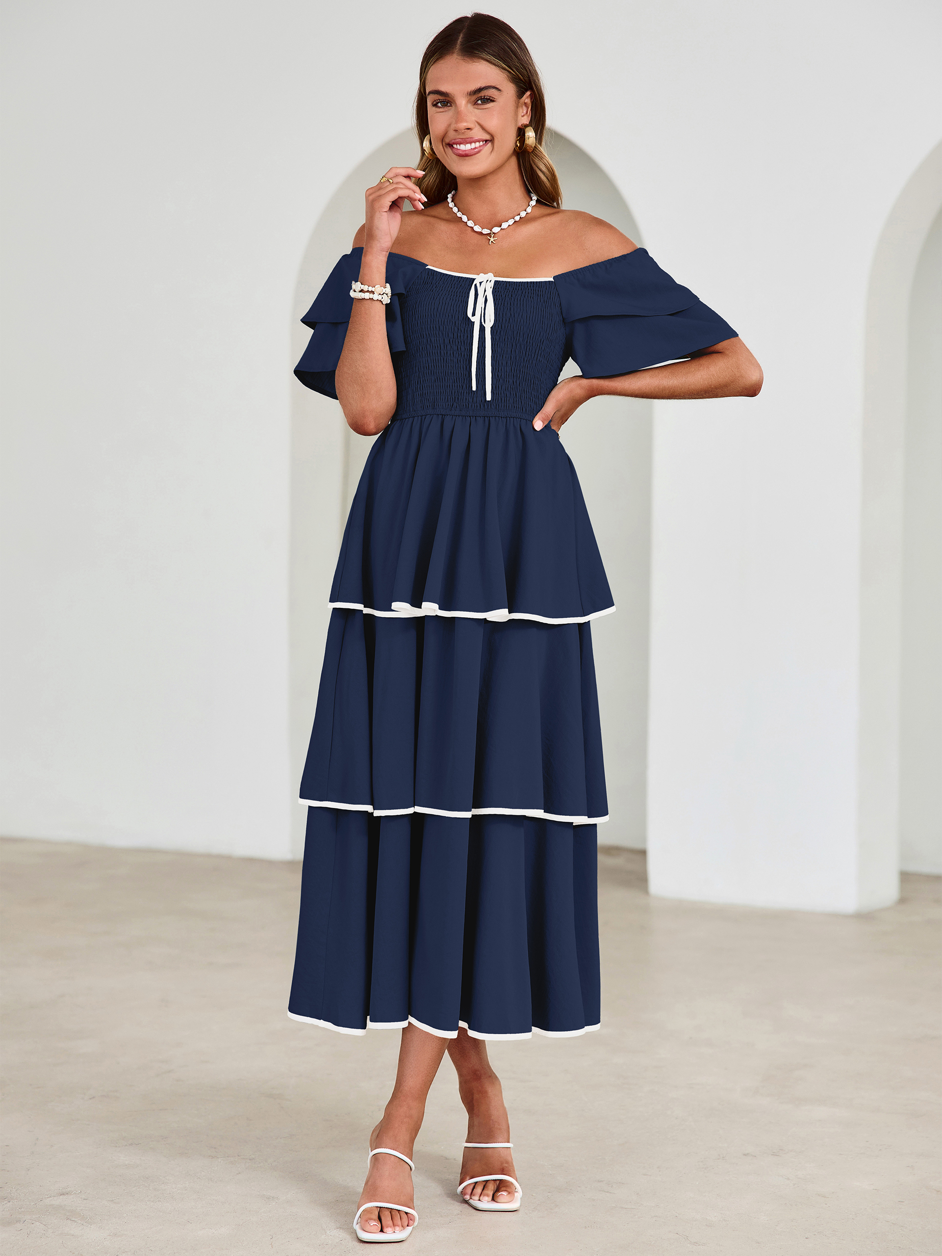 Ruched Off Shoulder Tiered Maxi Dress - Navy Blue