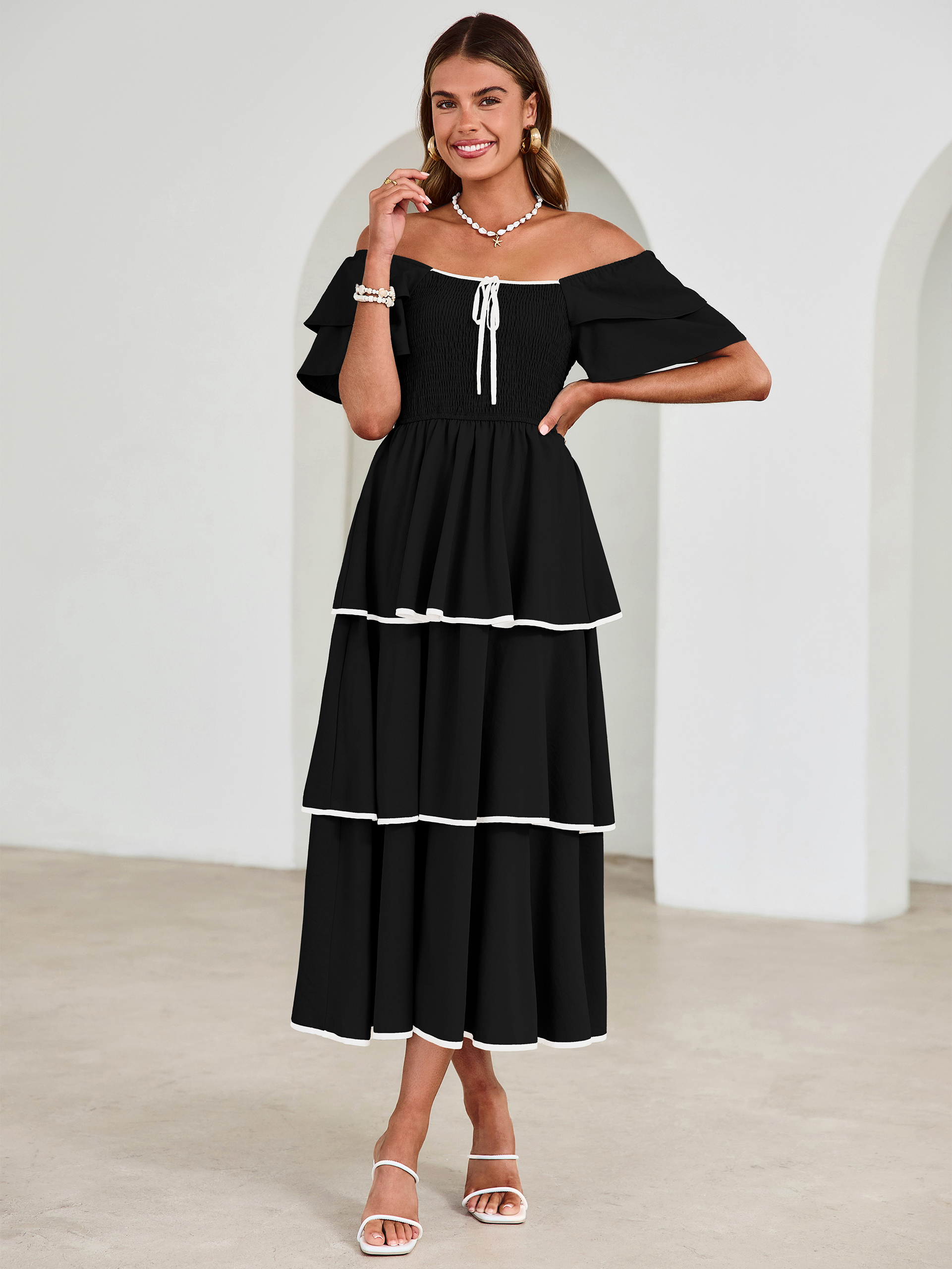 Ruched Off Shoulder Tiered Maxi Dress - Black