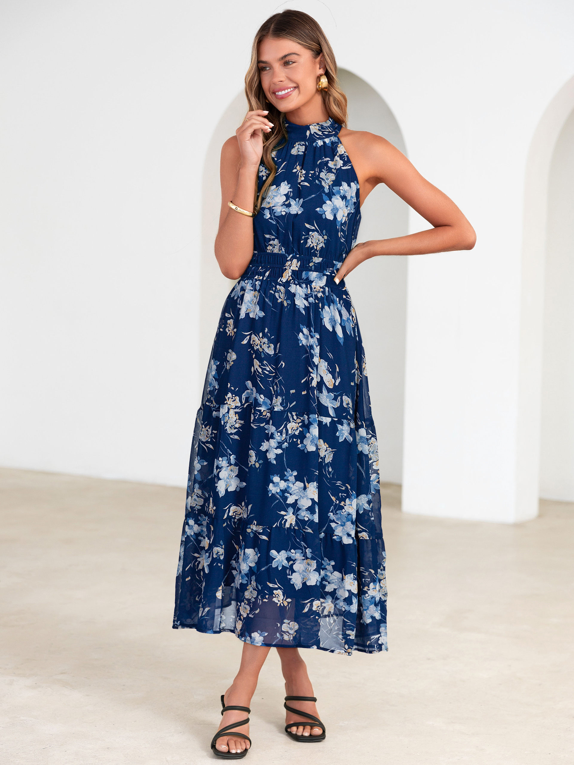 Floral Halter Neck Smocked Waist Maxi Dress - Deep Blue
