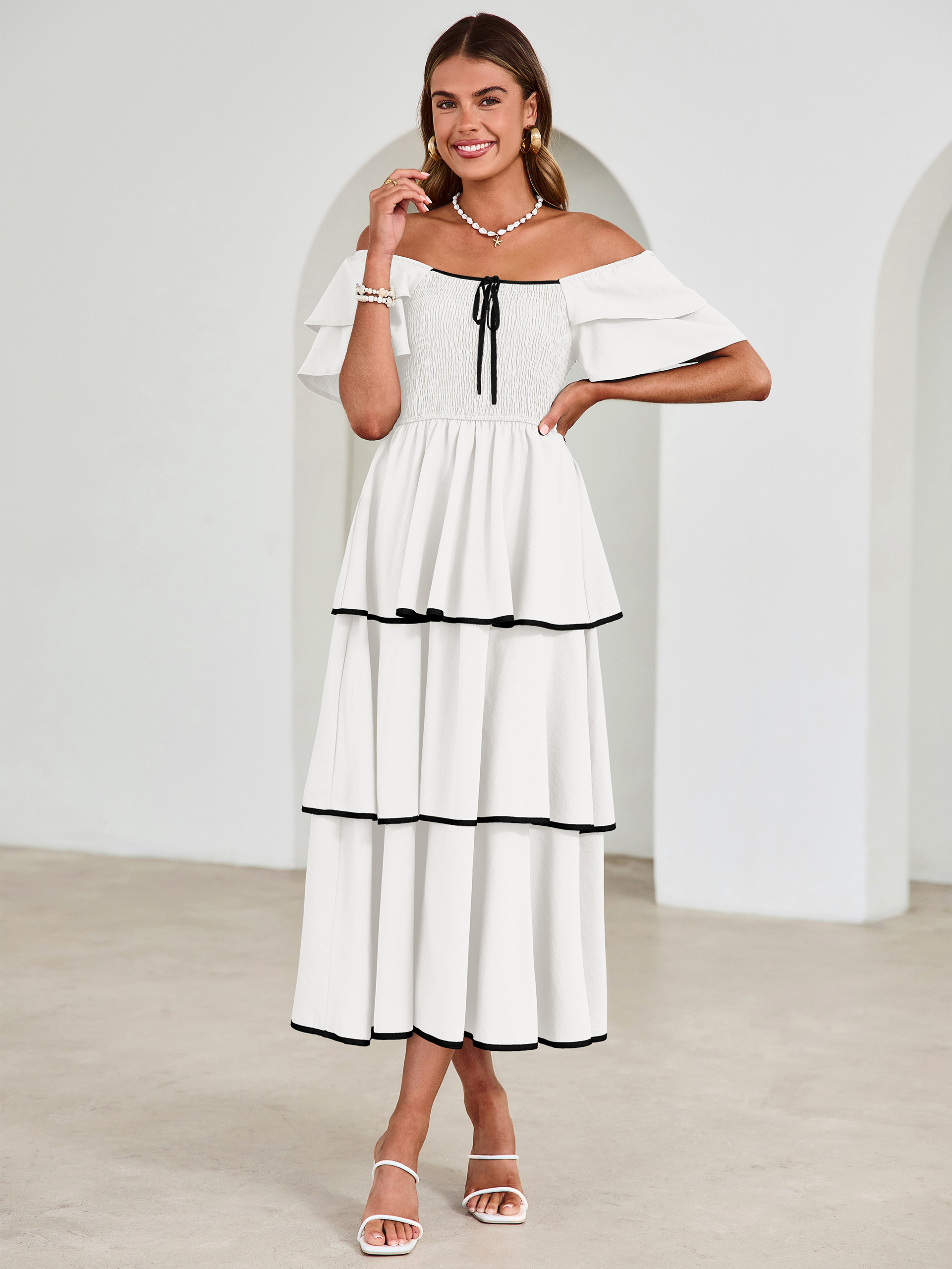 Ruched Off Shoulder Tiered Maxi Dress - White