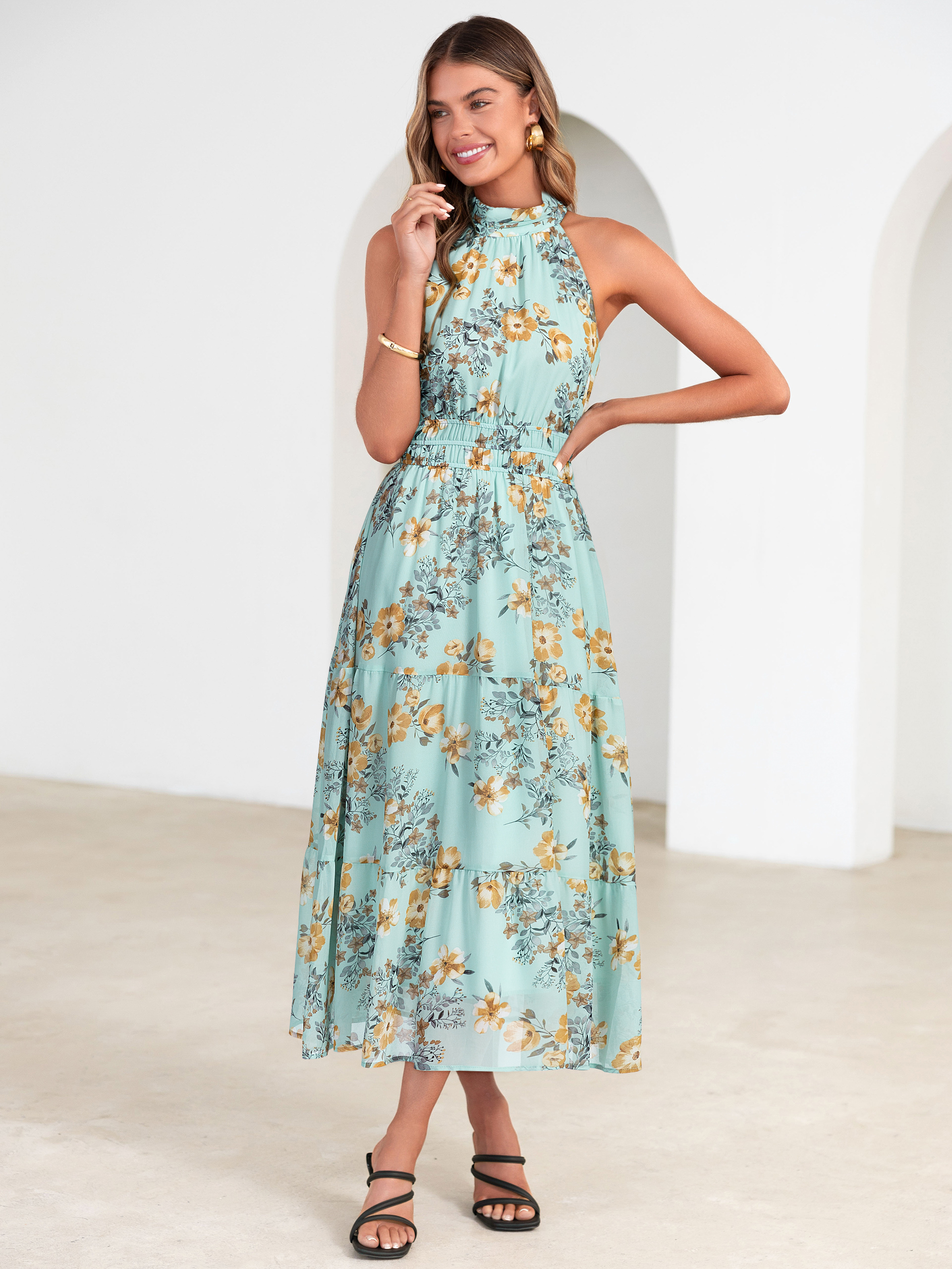 Floral Halter Neck Smocked Waist Maxi Dress - Sage Green