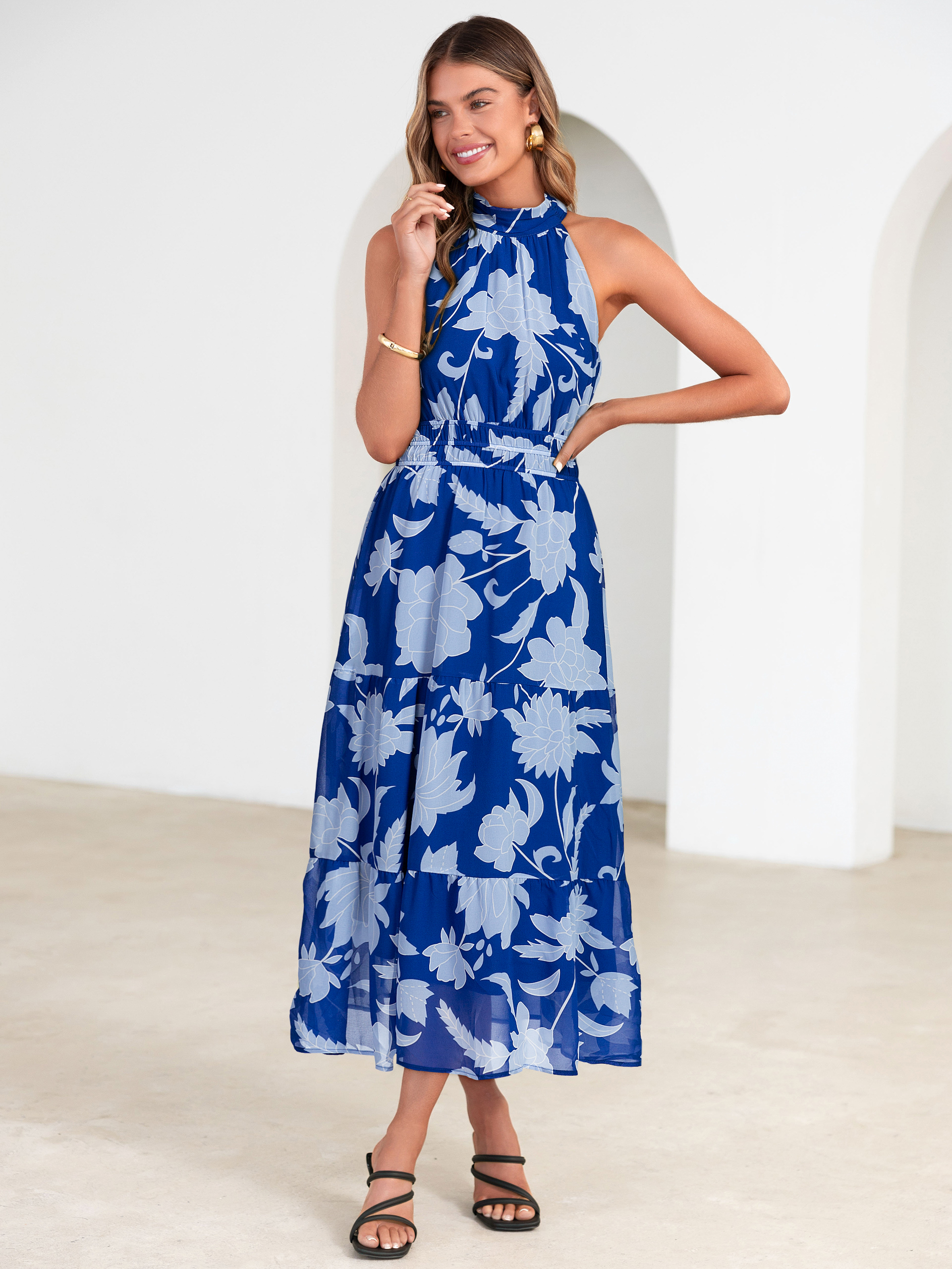 Floral Halter Neck Smocked Waist Maxi Dress