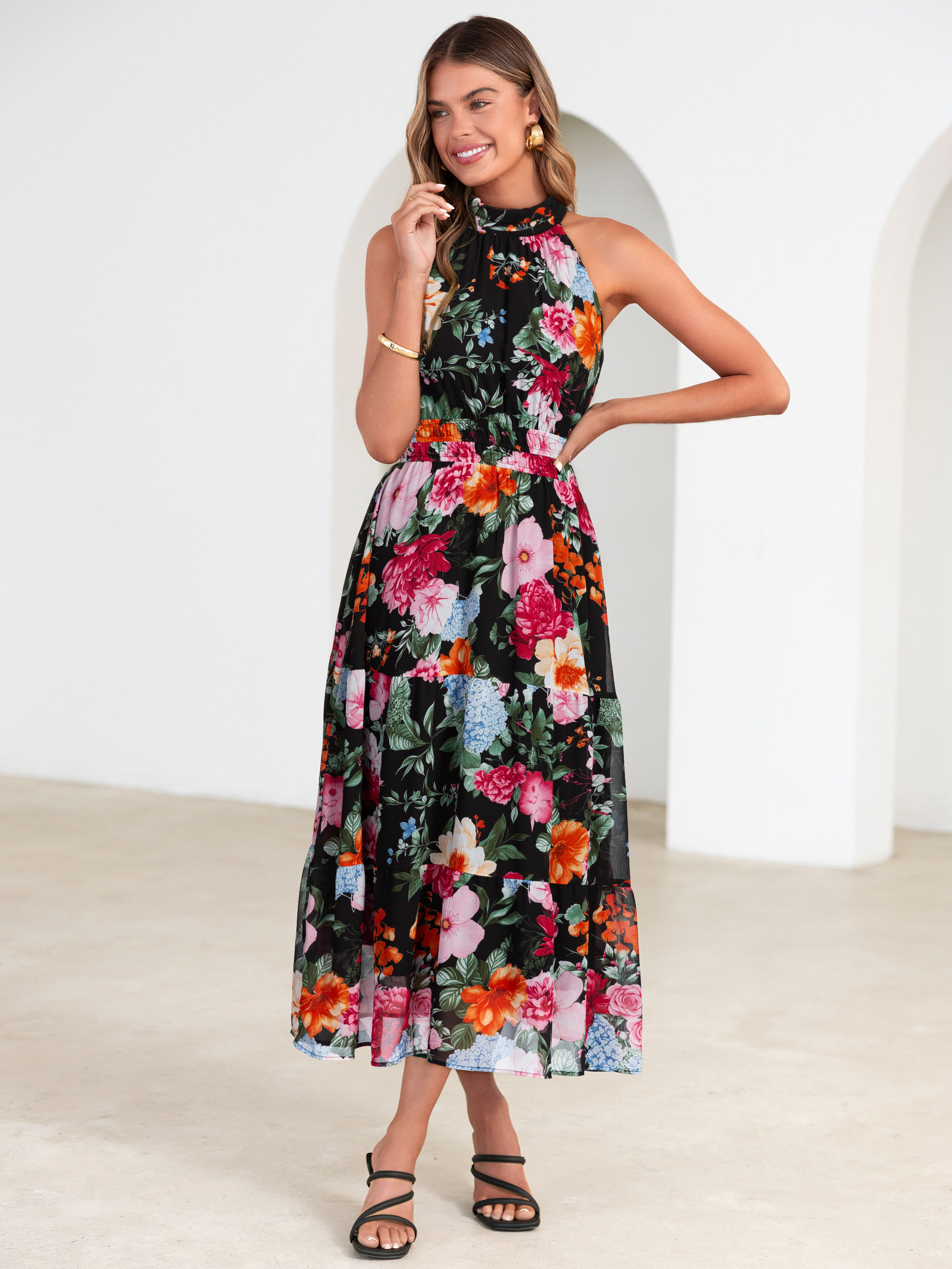 Floral Halter Neck Smocked Waist Maxi Dress - Black
