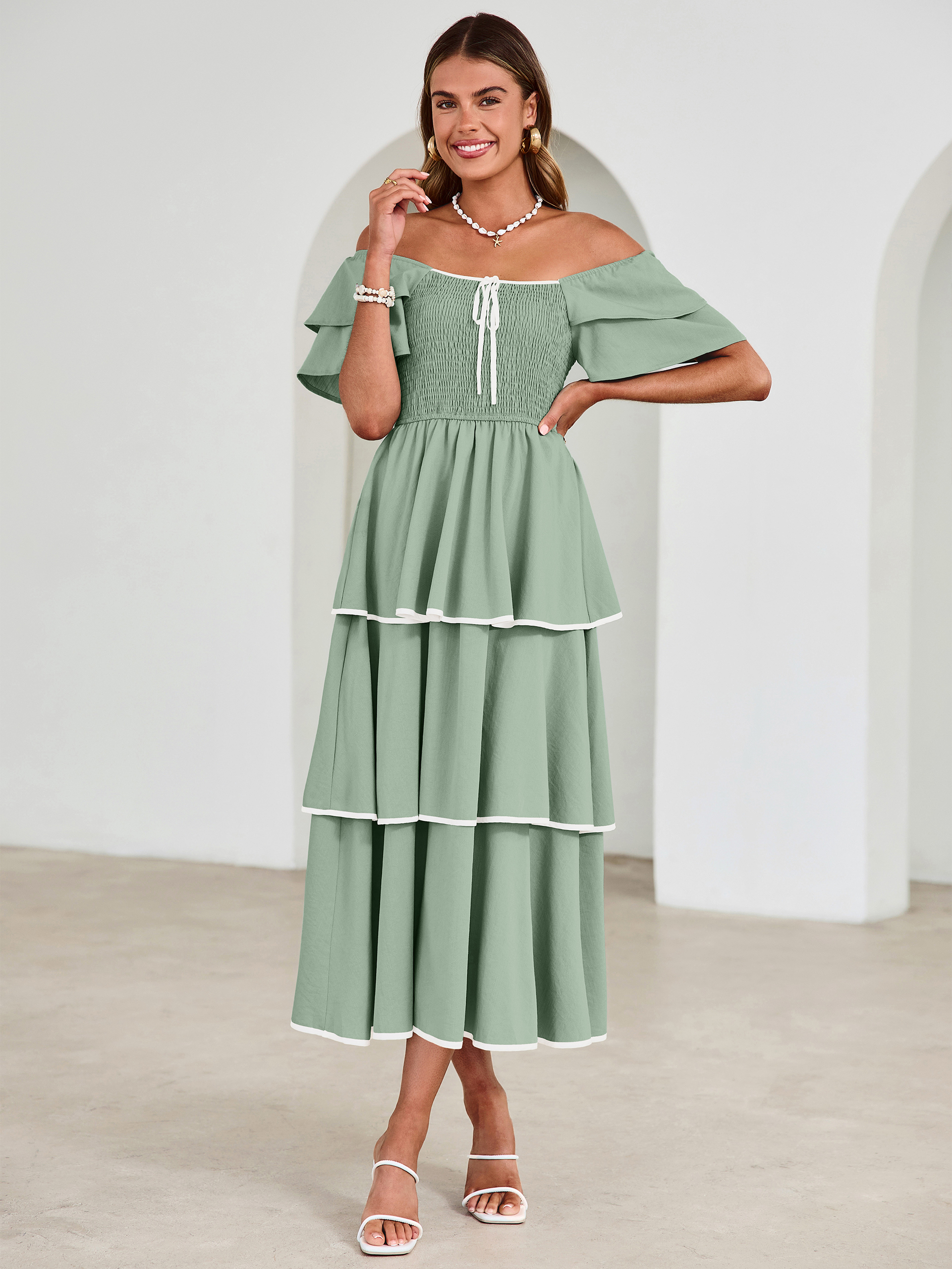 Ruched Off Shoulder Tiered Maxi Dress - Sage Green