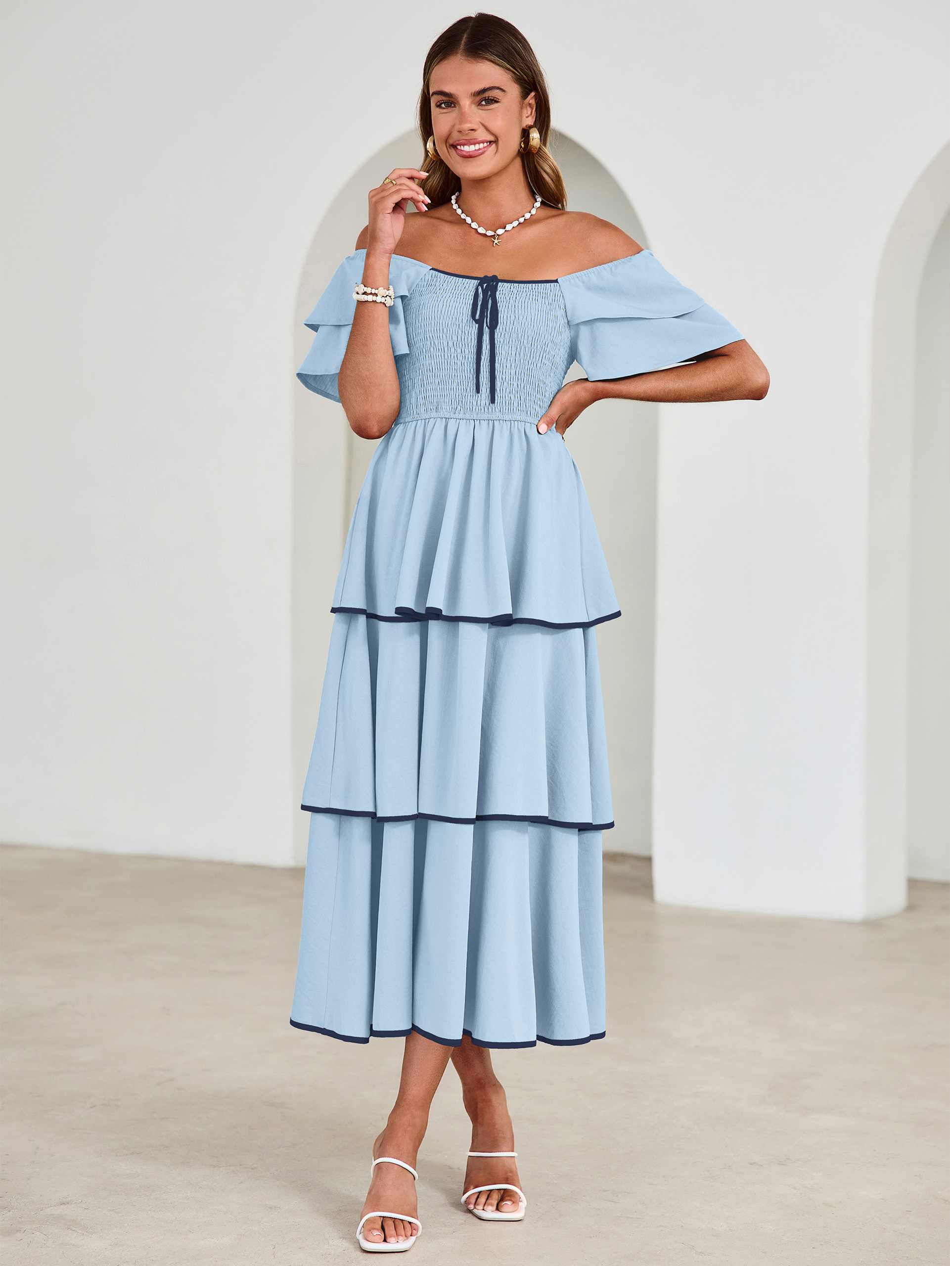 Ruched Off Shoulder Tiered Maxi Dress - Blue