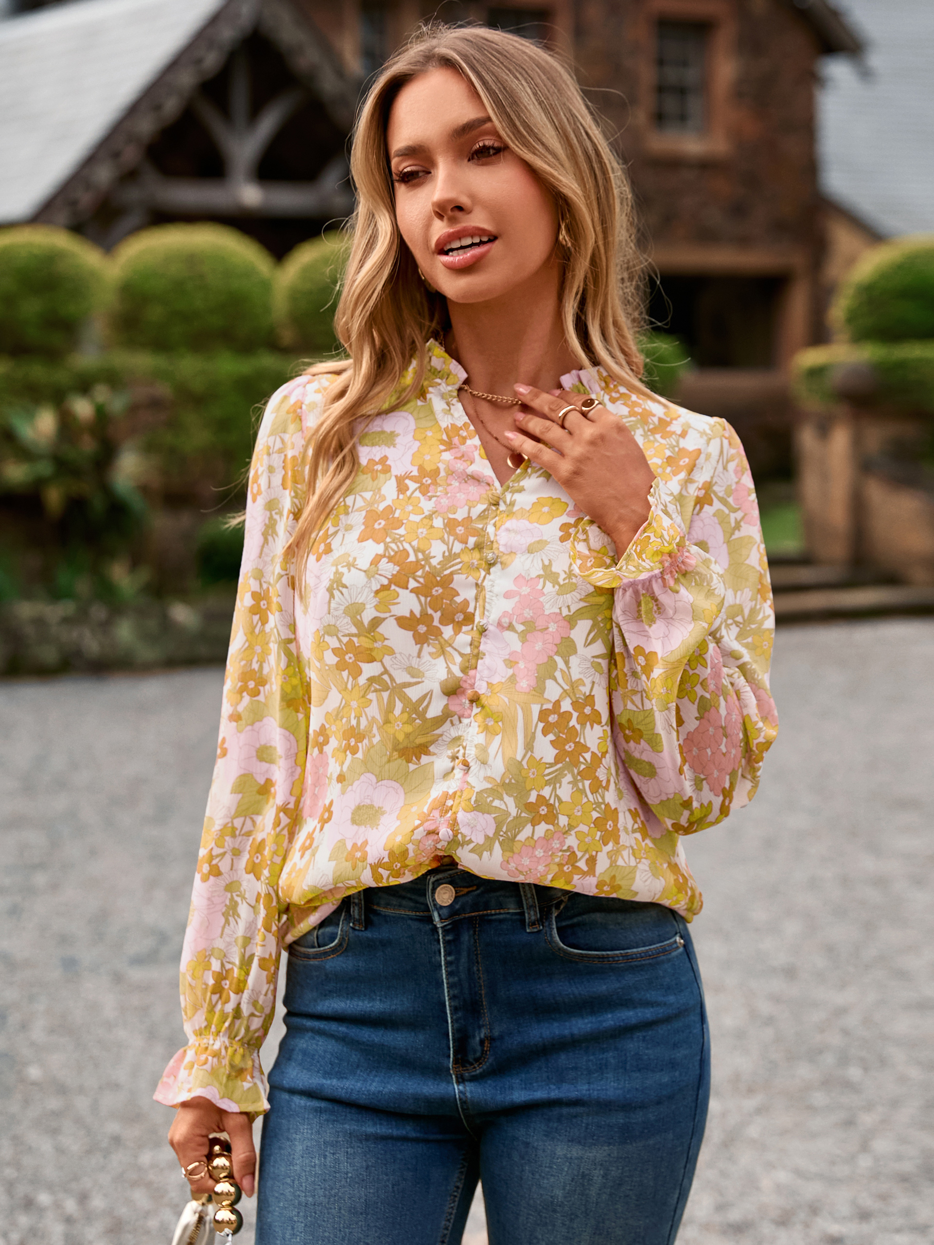 Floral V Neck Puff Sleeve Chiffon Blouse