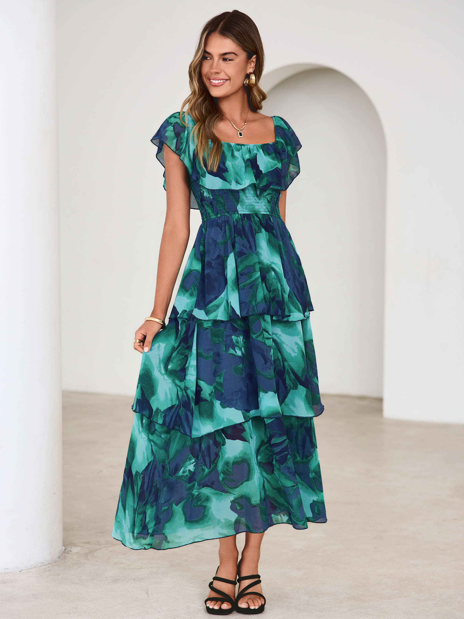 Off Shoulder Multicolor Ruffle Tiered Maxi Dress