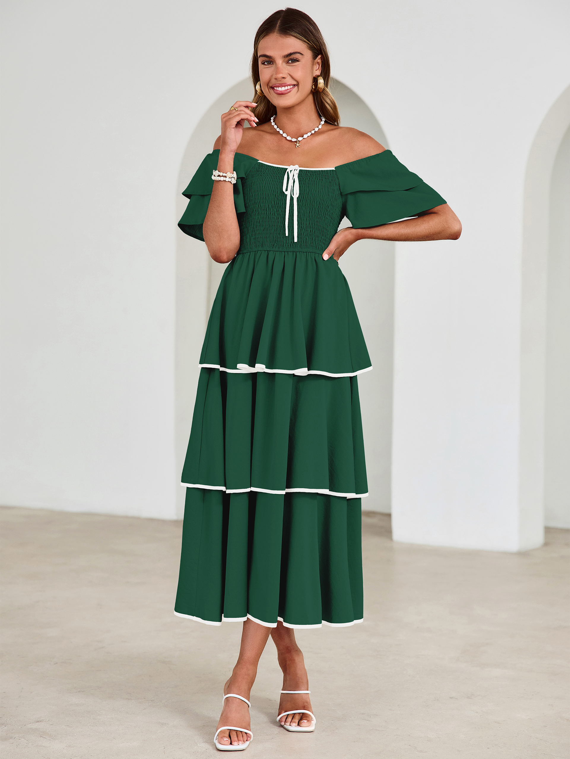 Ruched Off Shoulder Tiered Maxi Dress - Dark Green