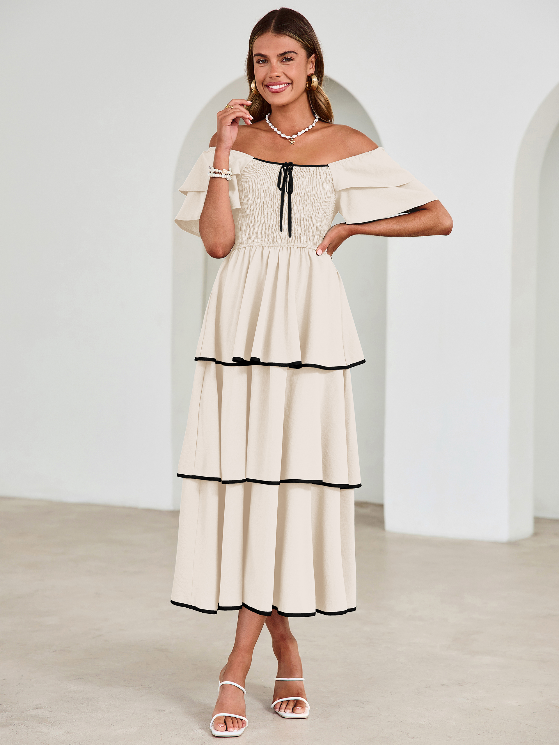 Ruched Off Shoulder Tiered Maxi Dress - Apricot