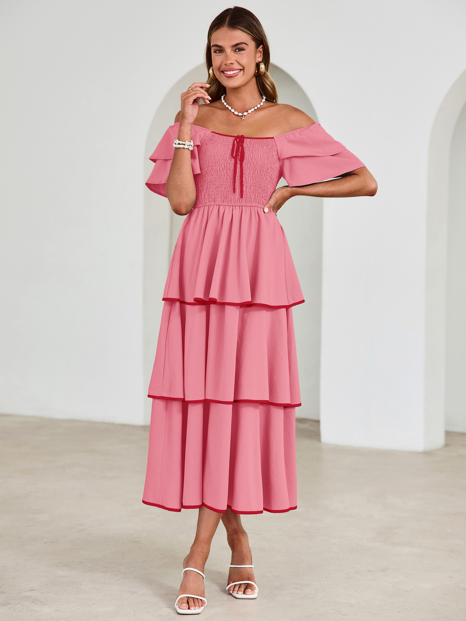 Ruched Off Shoulder Tiered Maxi Dress - Rose Pink