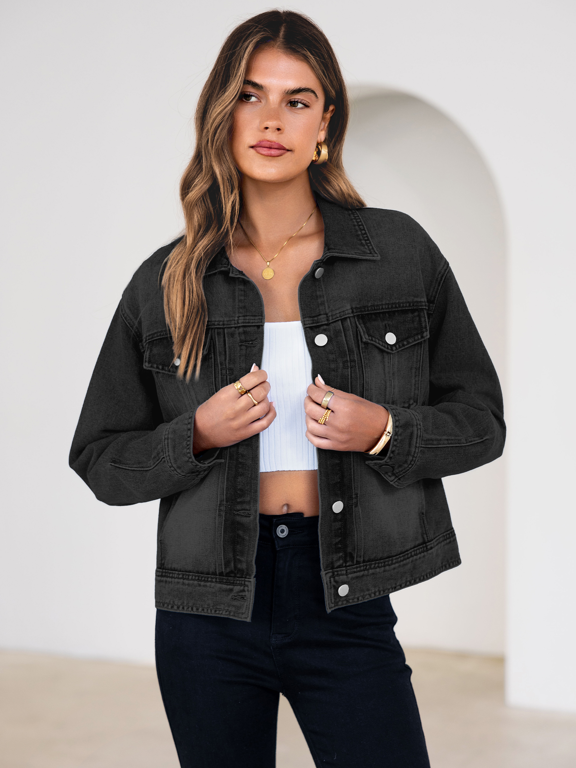 Classic Denim Trucker Jacket with Chest Pockets - Black