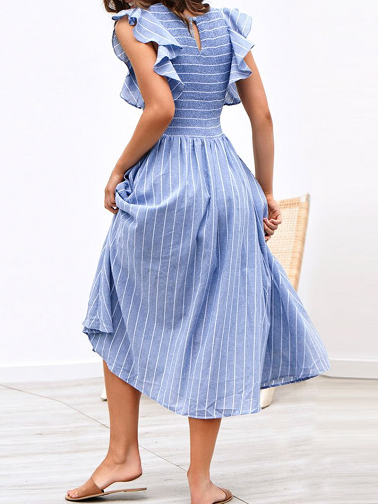 Striped Puff Sleeve Smocked A Line Midi Dress