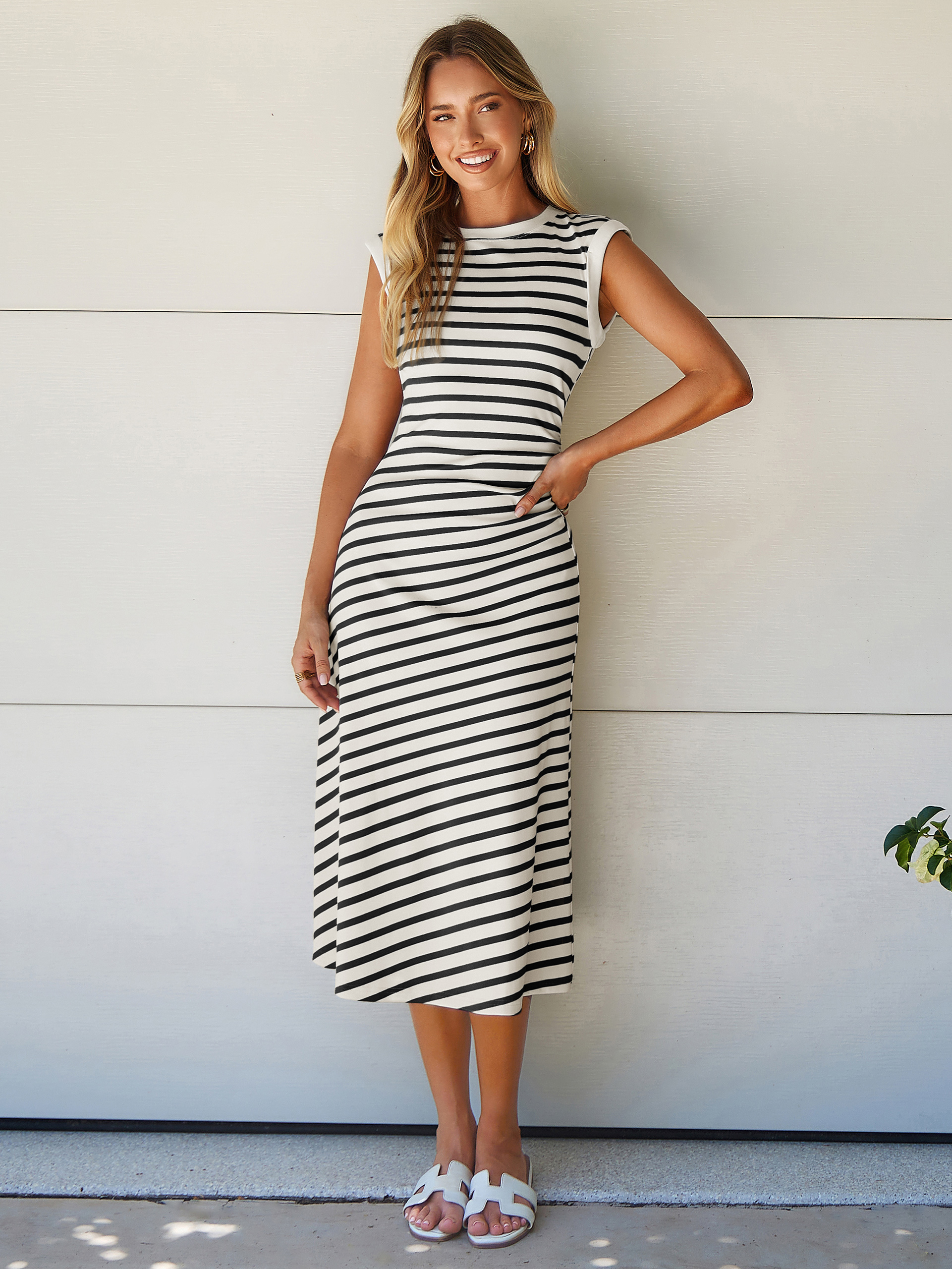 Striped Sleeveless Crew Neck A-Line Midi Dress - White