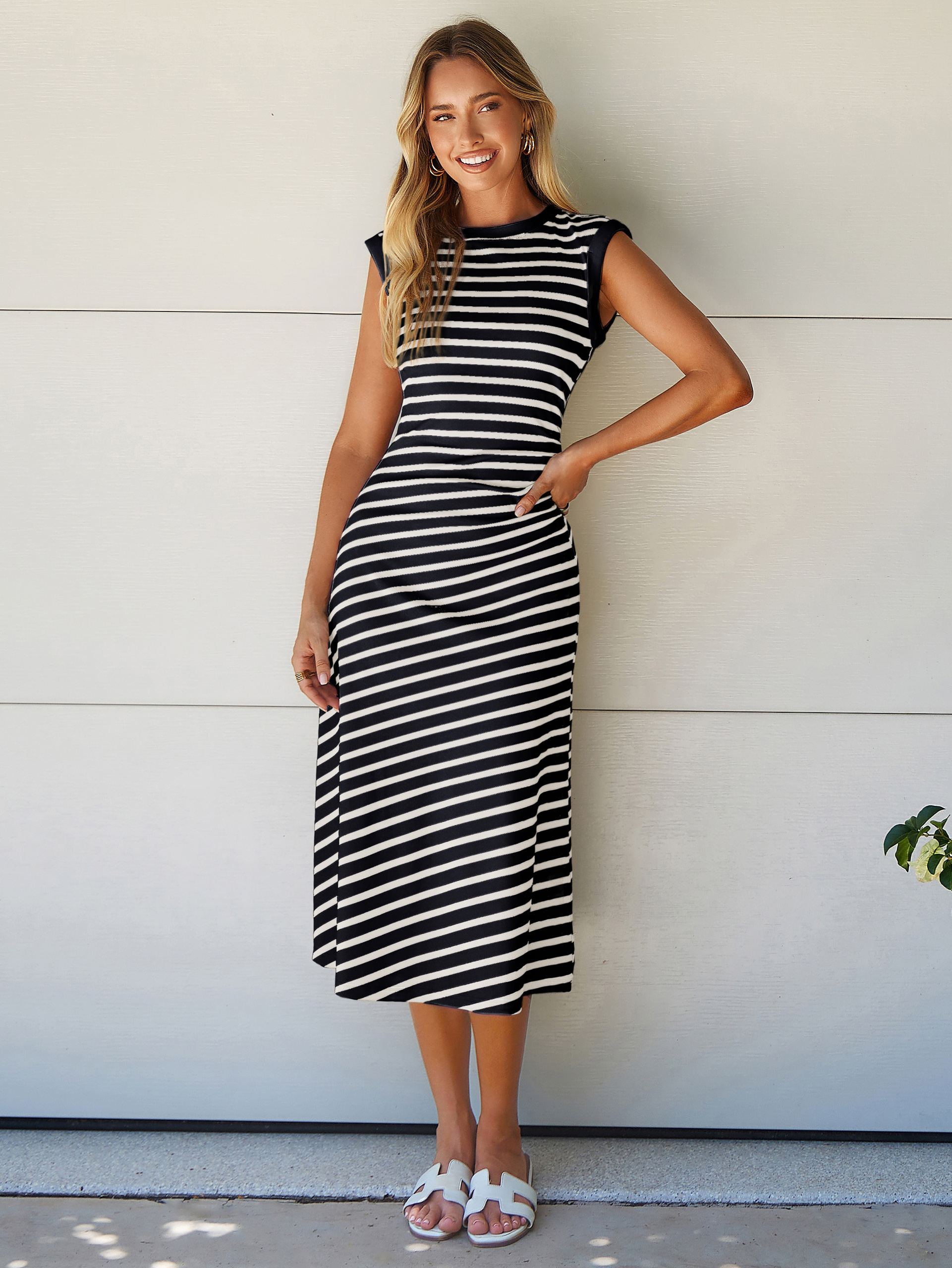 Striped Sleeveless Crew Neck A-Line Midi Dress - Navy Blue