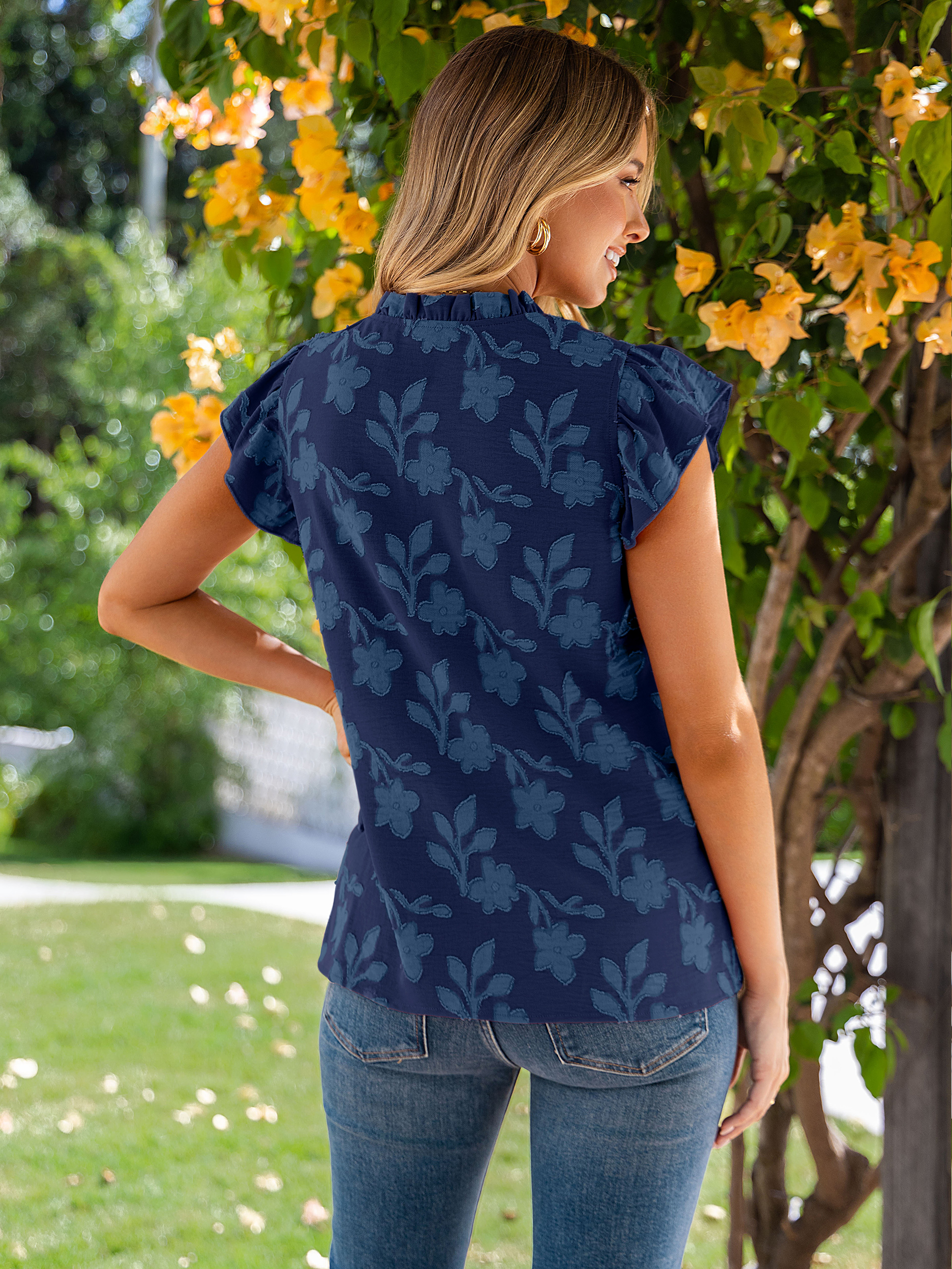 Floral V Neck Ruffle Sleeve Button Down Blouse