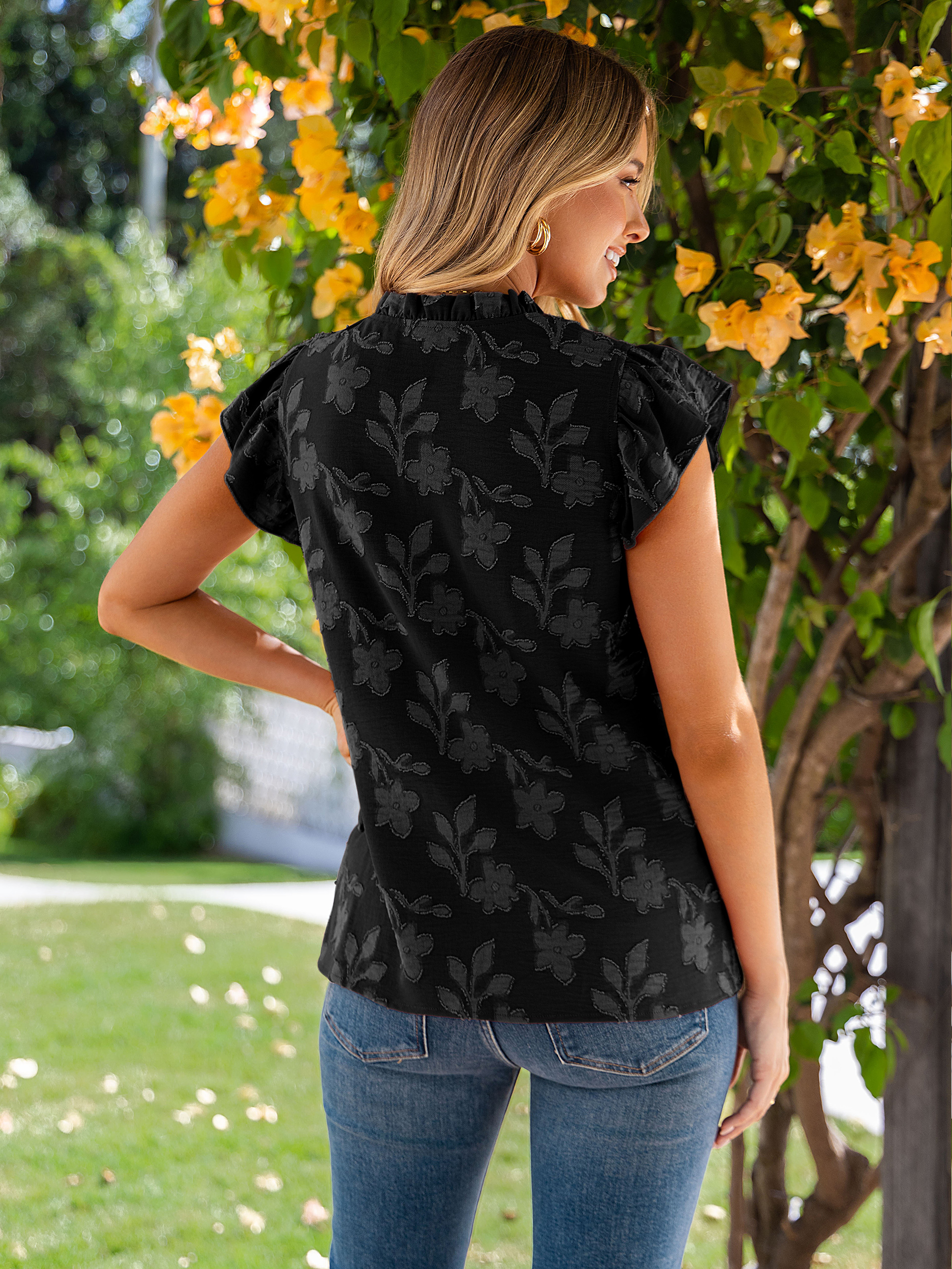 Floral V Neck Ruffle Sleeve Button Down Blouse