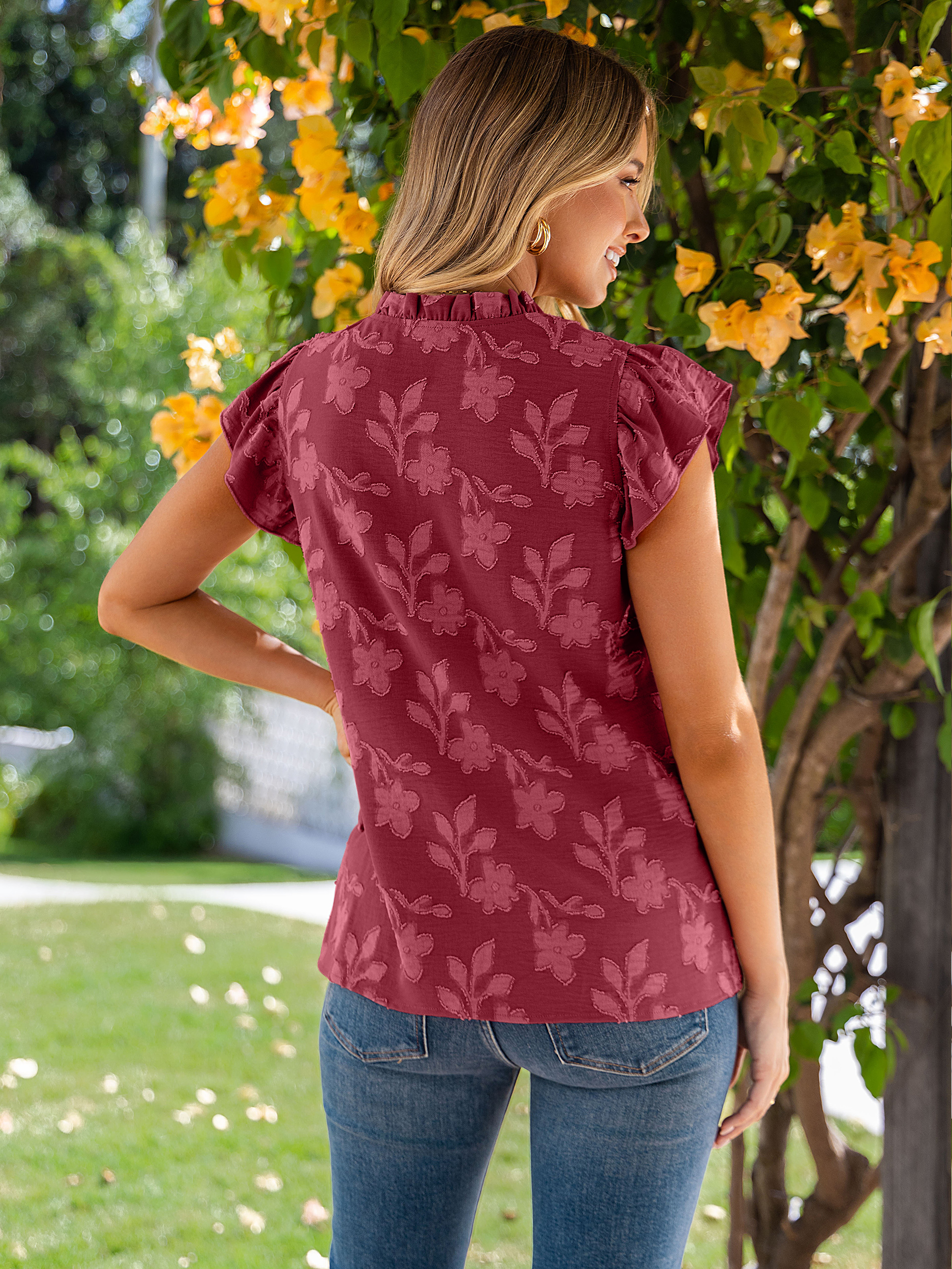 Floral V Neck Ruffle Sleeve Button Down Blouse