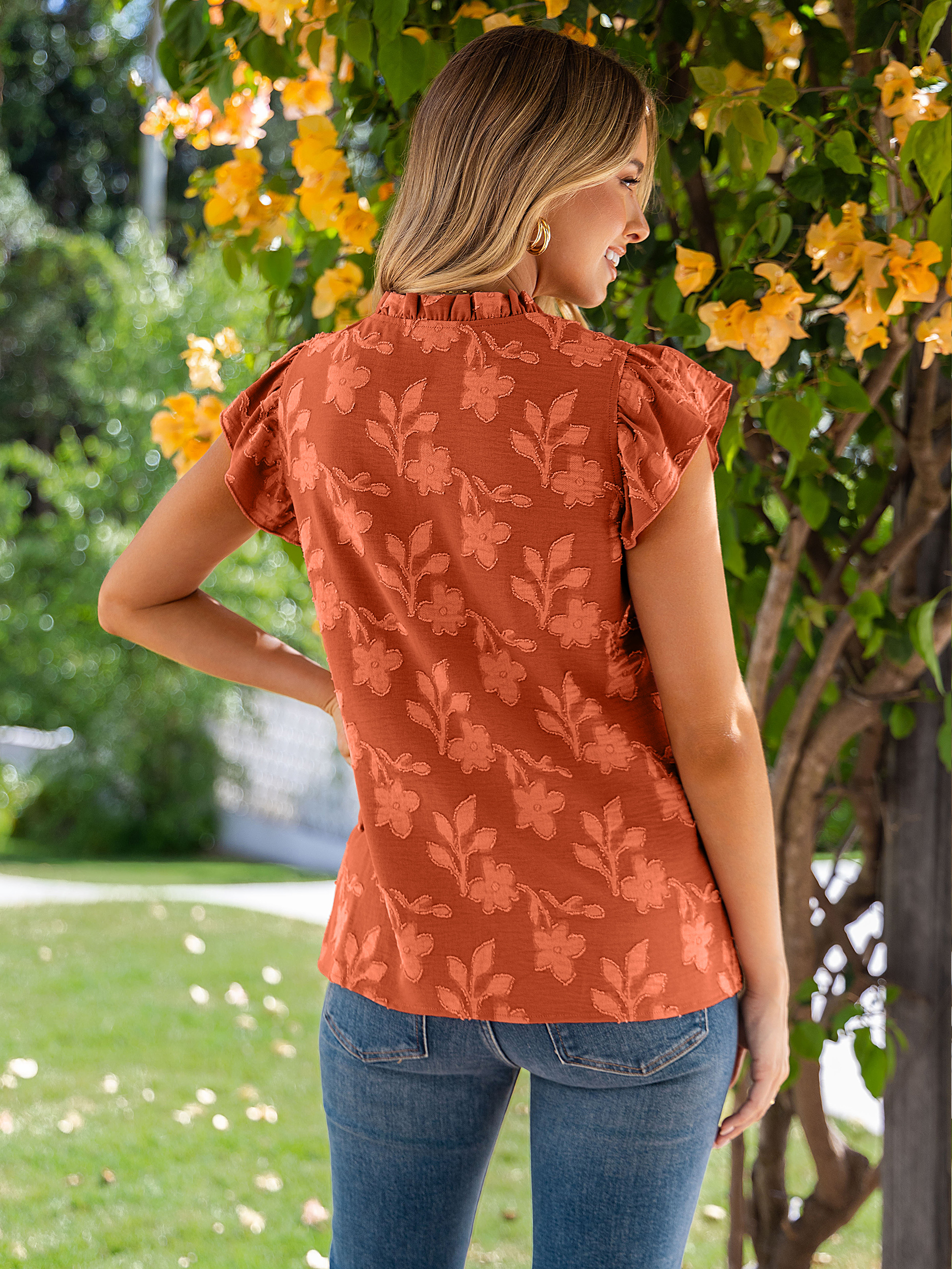 Floral V Neck Ruffle Sleeve Button Down Blouse