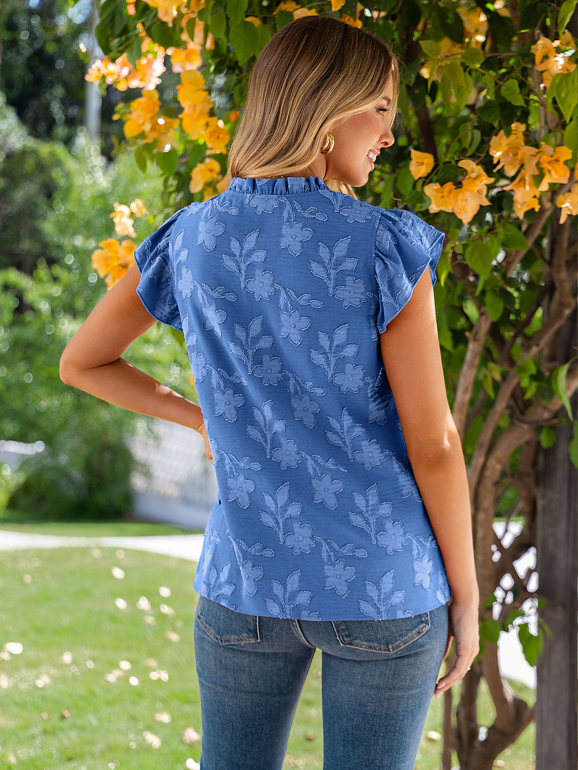 Floral V Neck Ruffle Sleeve Button Down Blouse