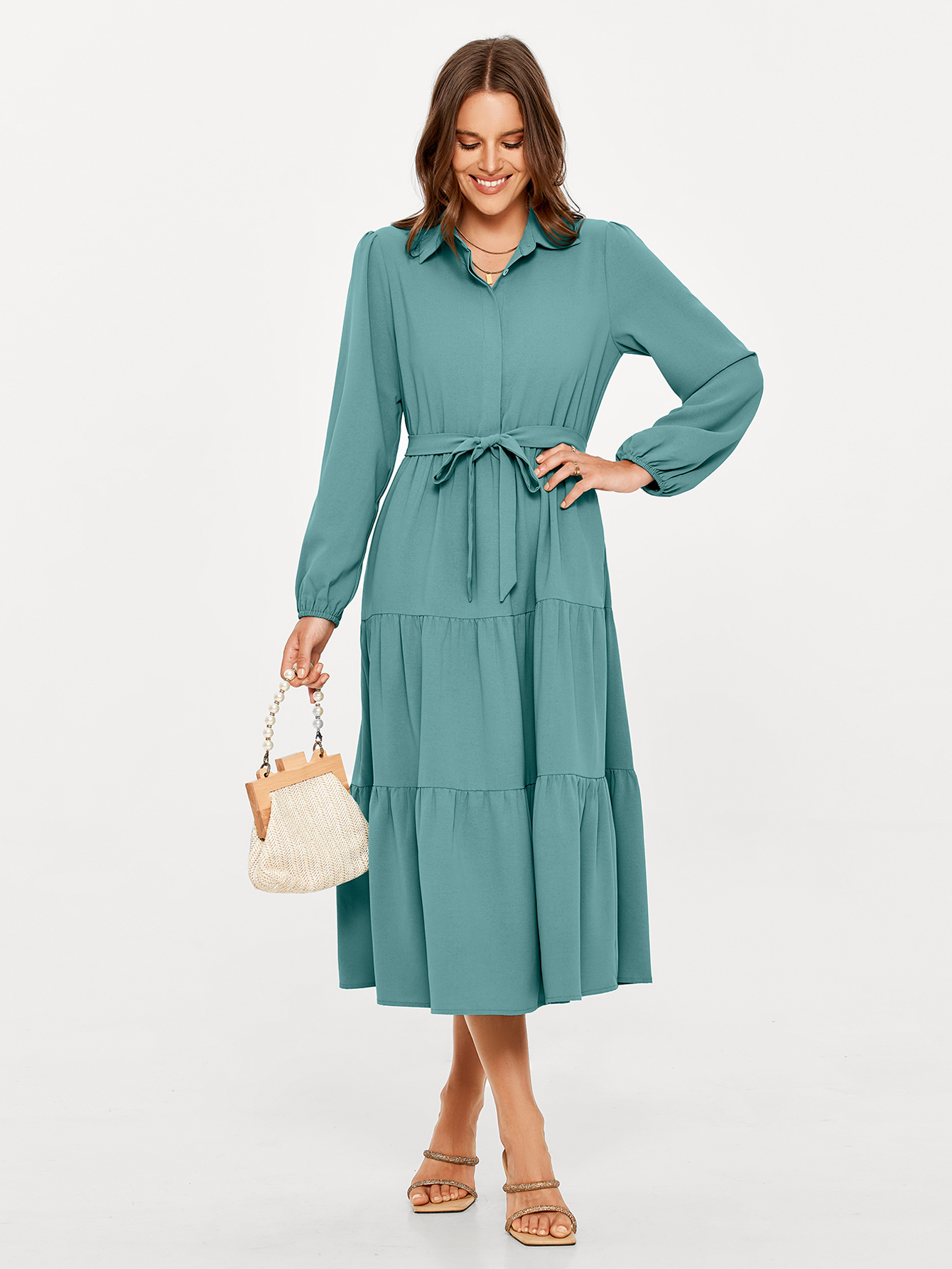 Button Up Lantern Sleeve Flowy Maxi Dress