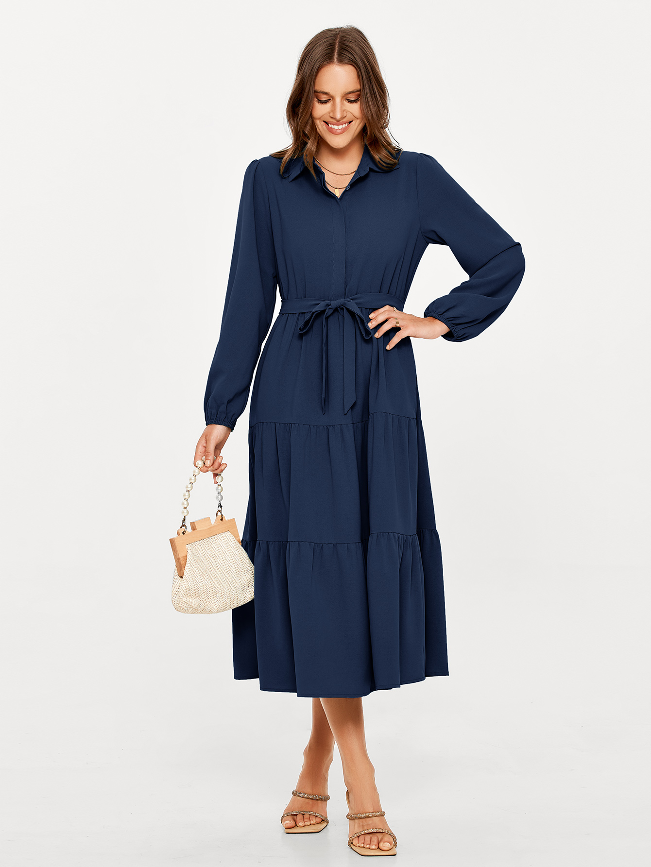 Button Up Lantern Sleeve Flowy Maxi Dress