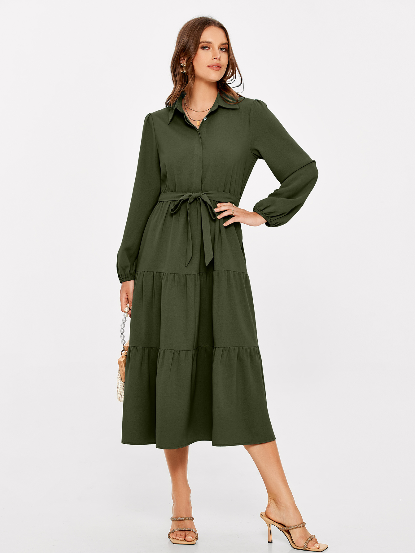 Button Up Lantern Sleeve Flowy Maxi Dress